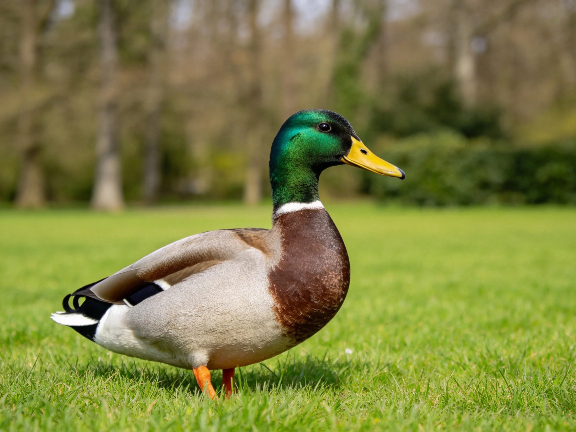 A mallard duck with green head, yellow beak, on green grass