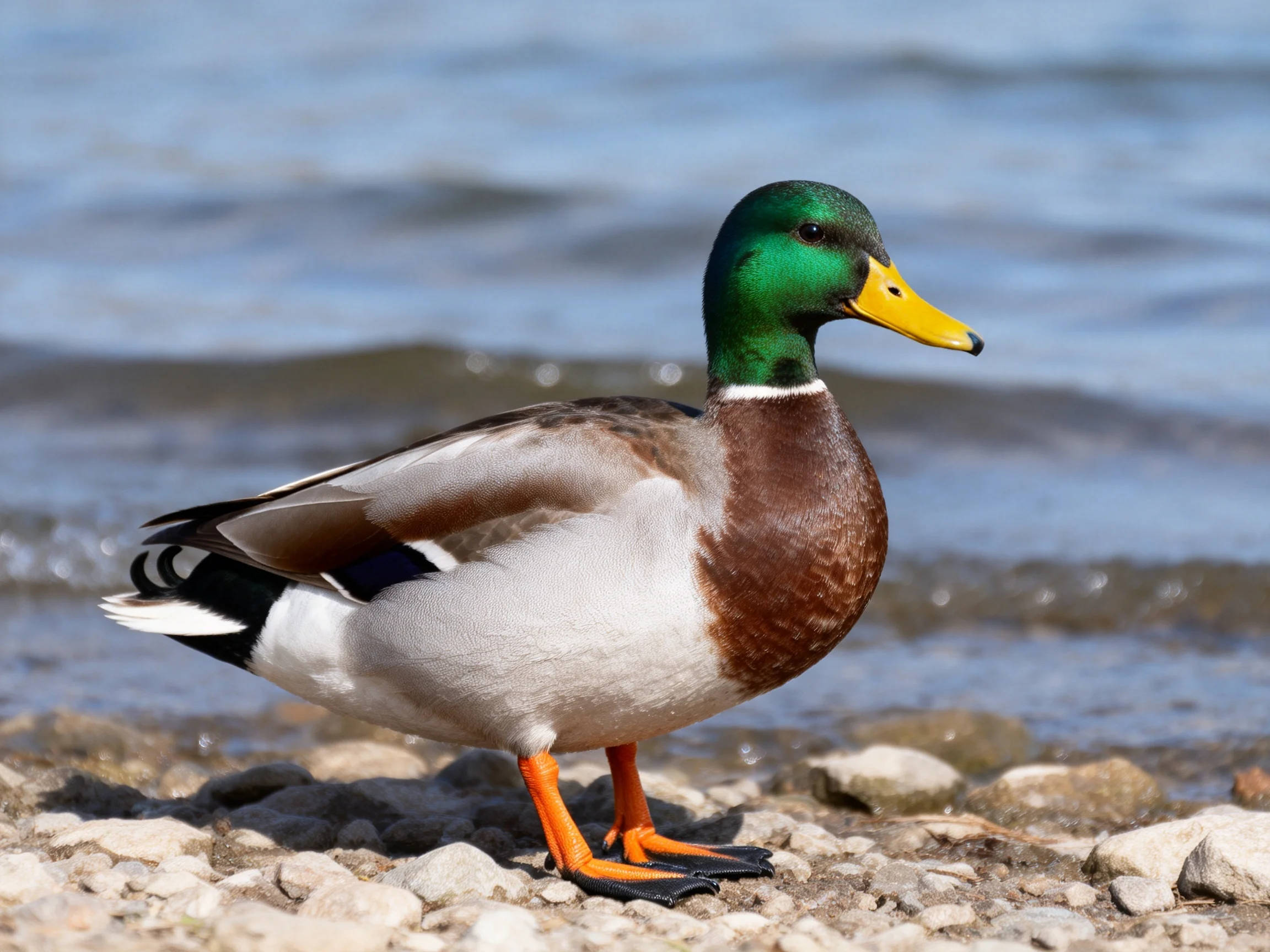 A mallard duck with green head, yellow beak on rocky shore