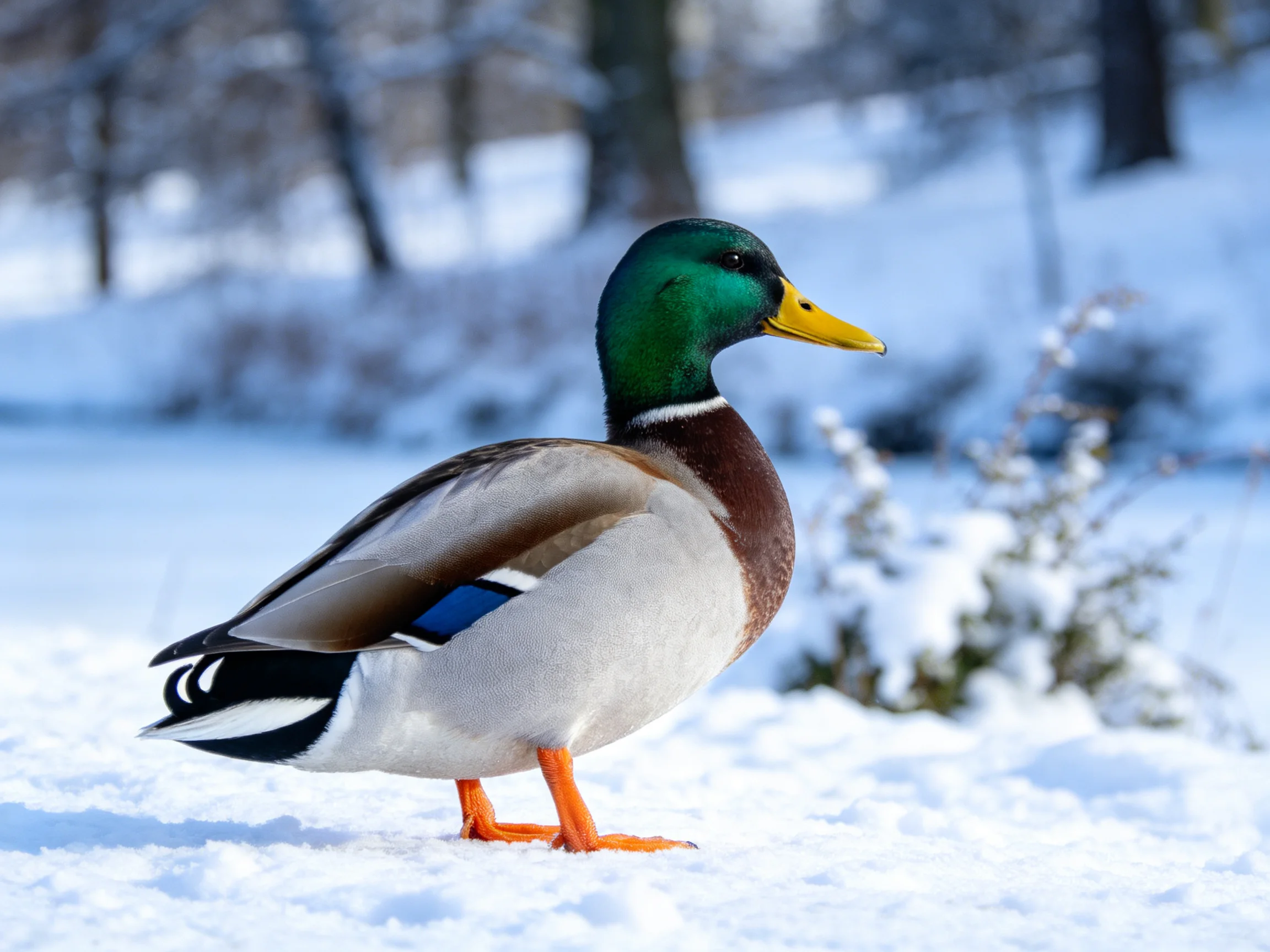 A mallard duck with green head, yellow beak, on snowy terrain