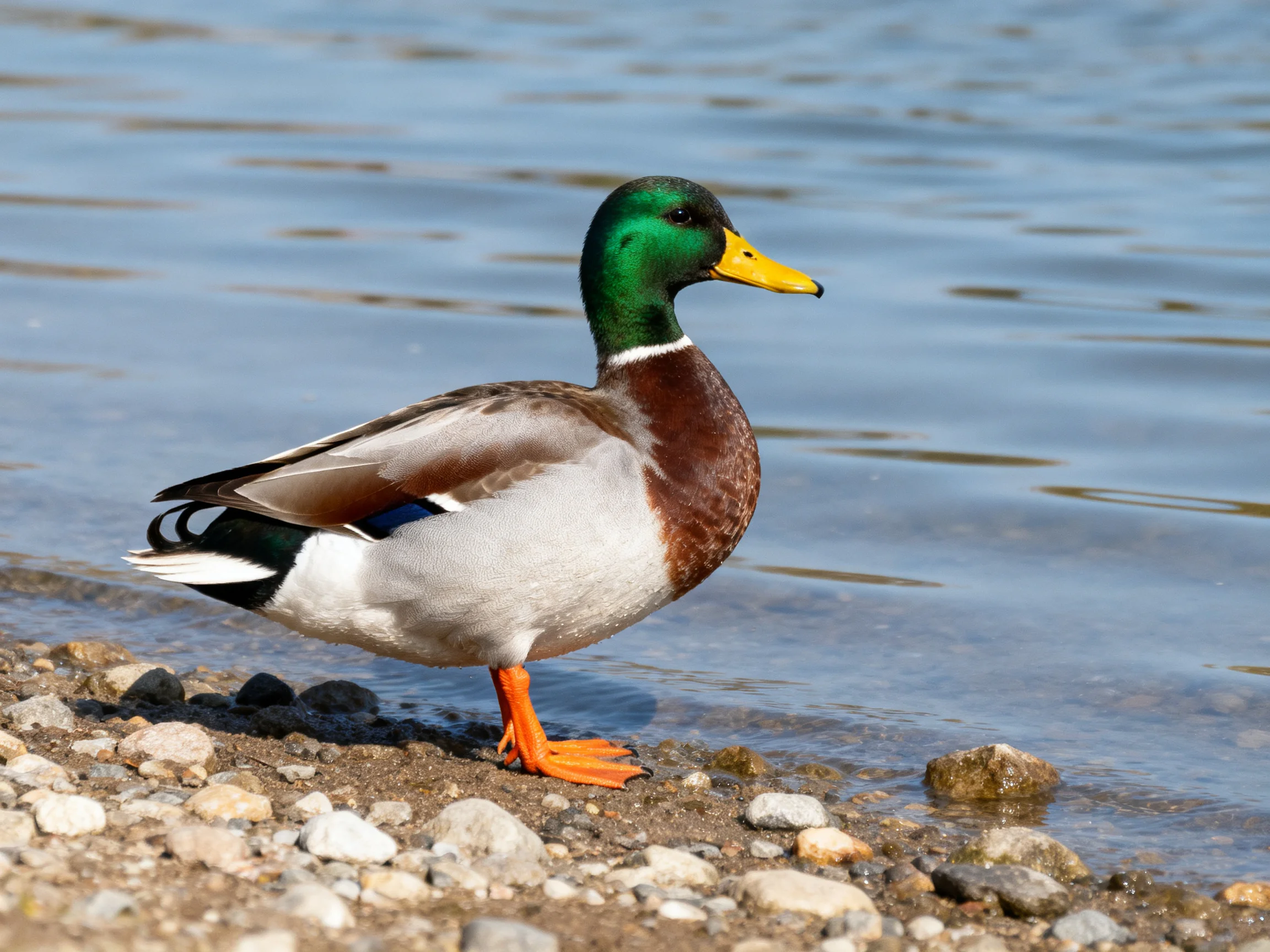 A mallard duck with green head, yellow beak, orange feet, near rocky shore