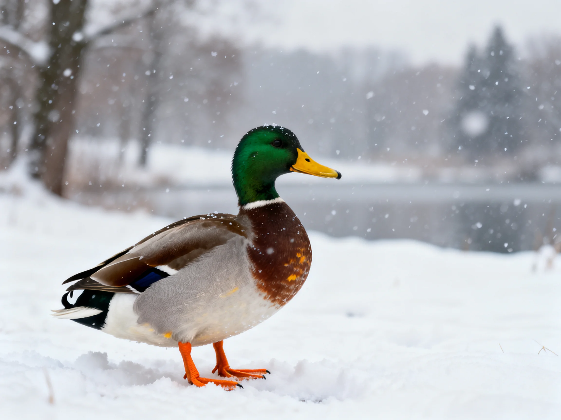 A mallard duck with green head, yellow beak, orange feet stands on snow near water