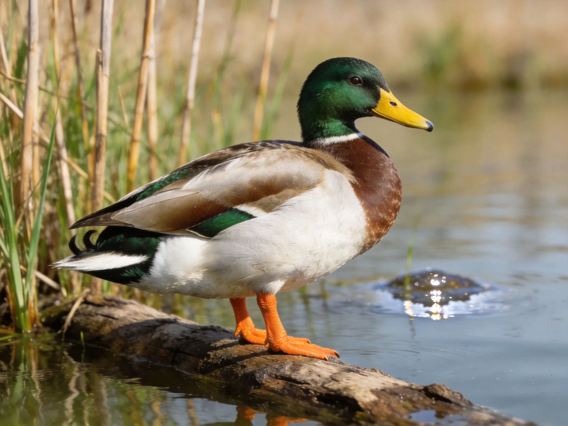 A mallard duck with green head, yellow beak, perched on a log by water