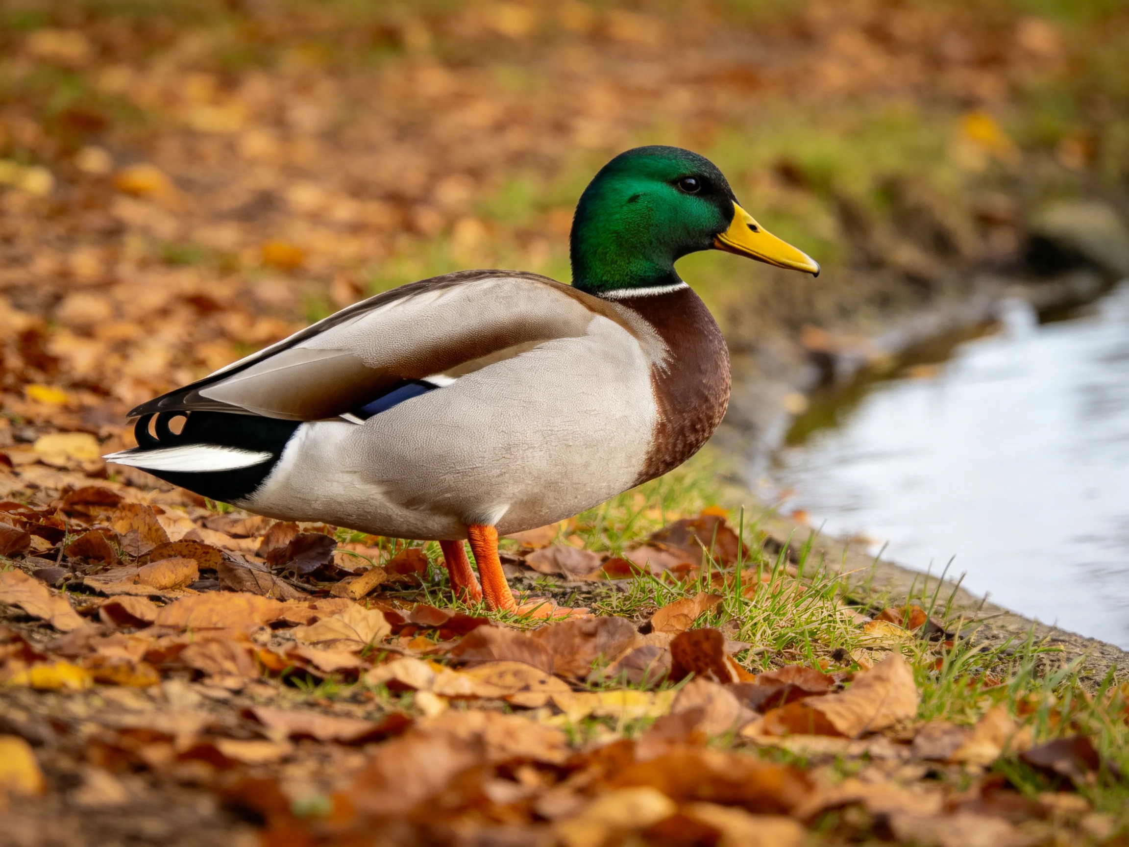 A mallard duck with green head, yellow beak, standing among autumn leaves by water