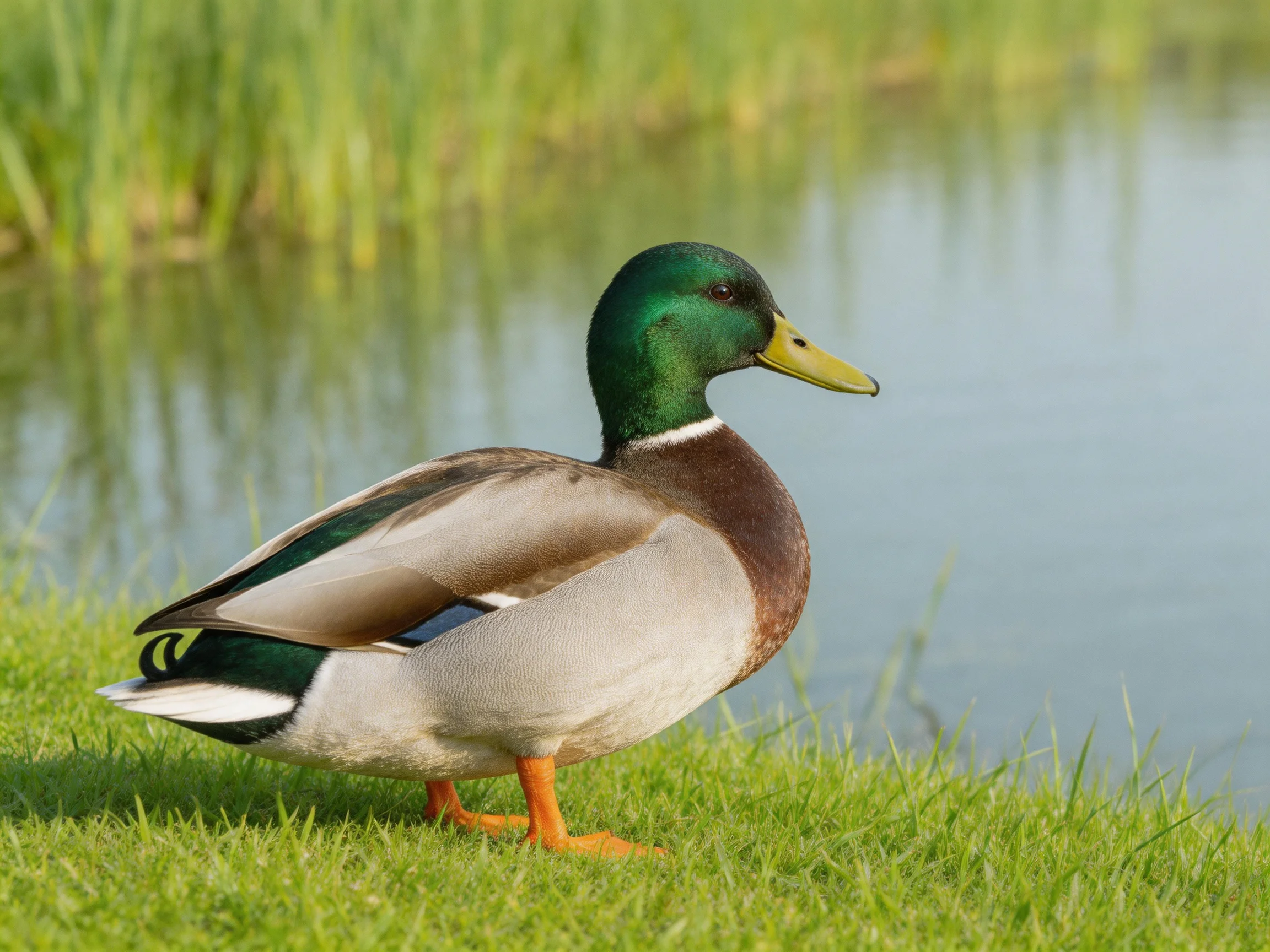A mallard duck with green head, yellow beak, standing by calm water