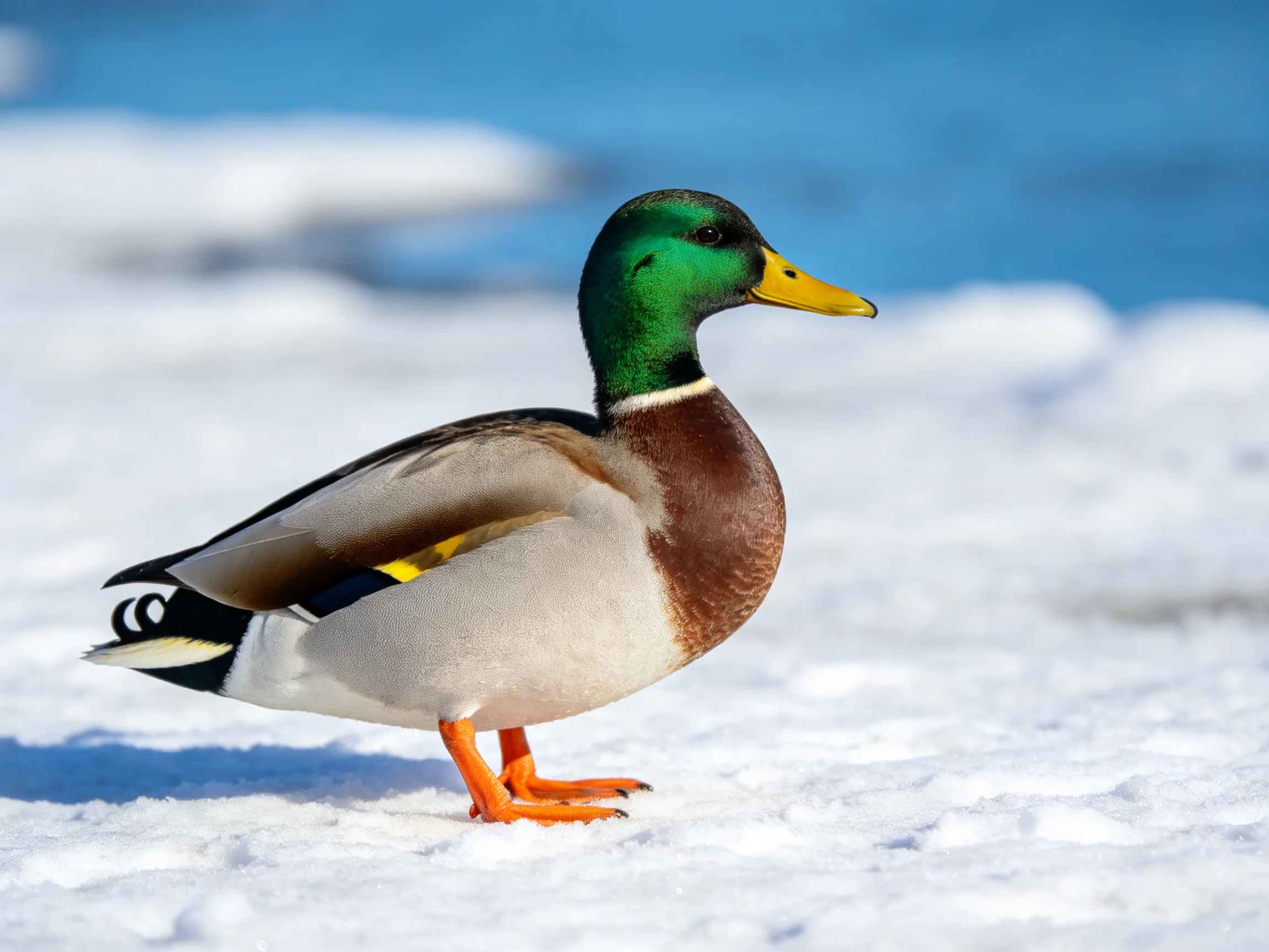 A mallard duck with green head, yellow beak, standing on snow