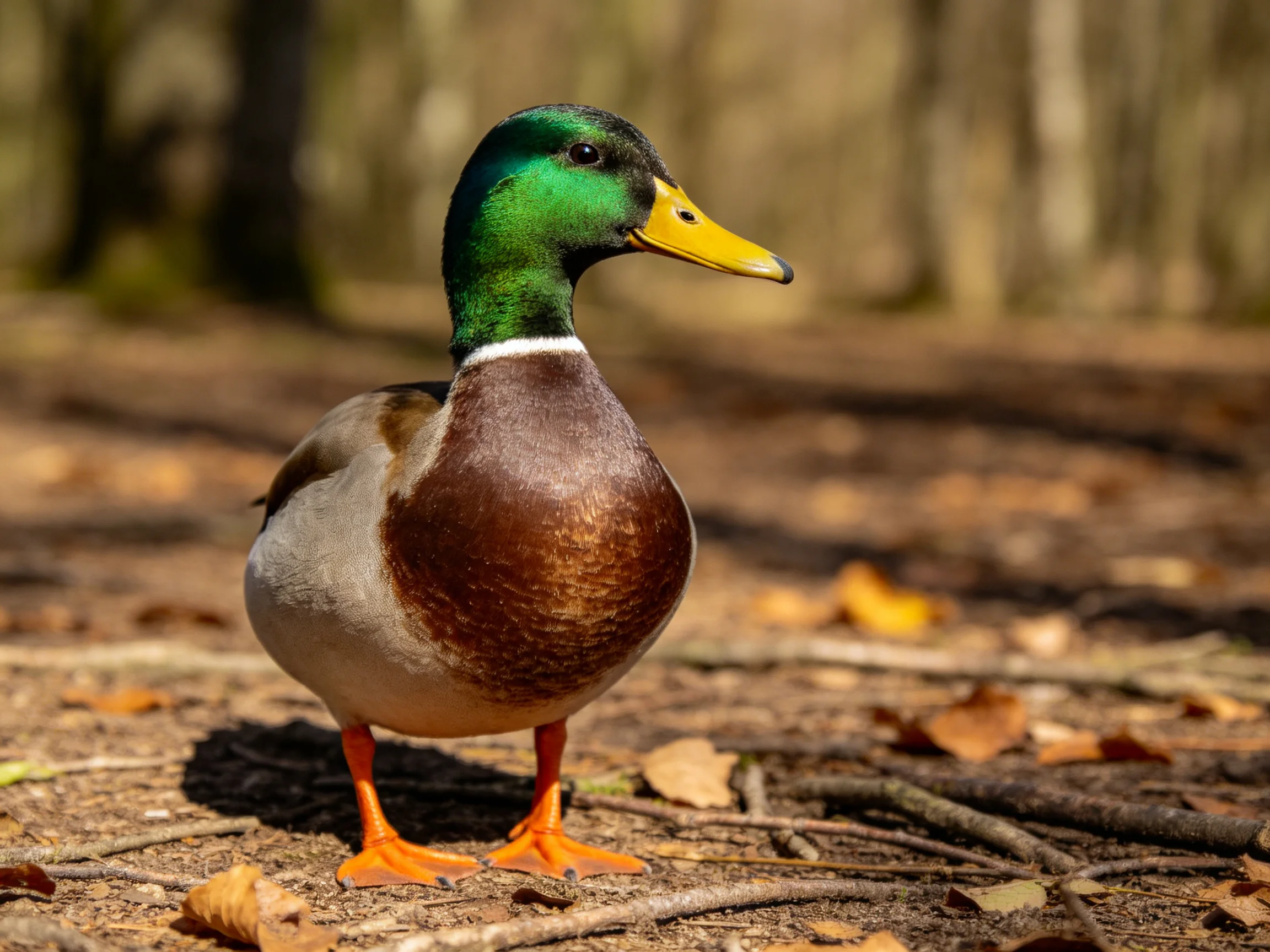 A mallard duck with green head, yellow bill, brown chest stands on leaf-strewn ground