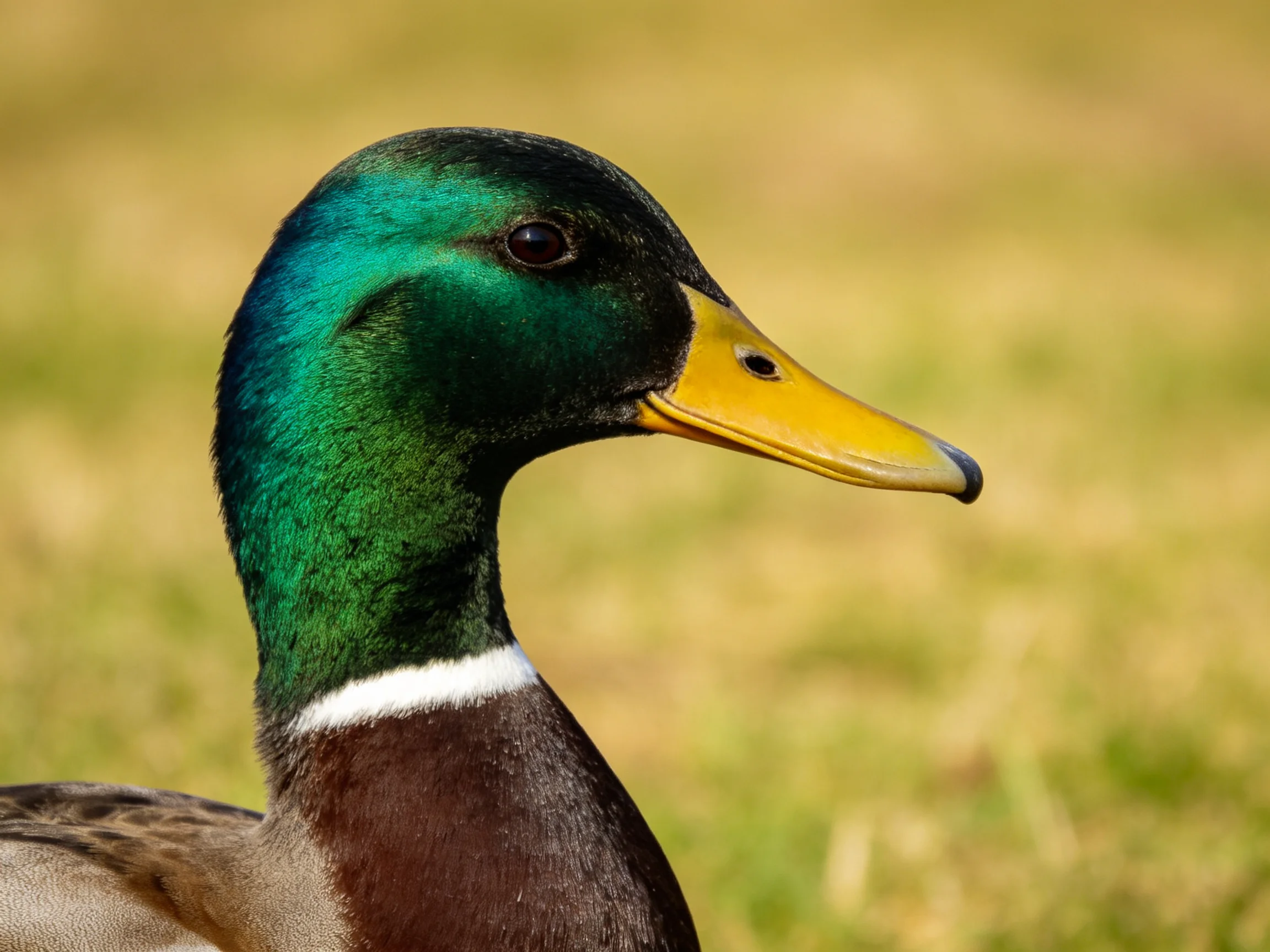 A mallard duck with iridescent green head and bright yellow bill