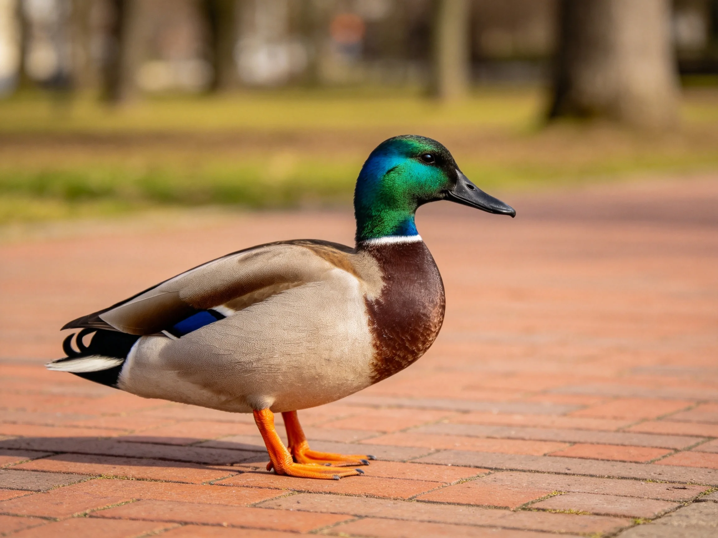 A mallard duck with iridescent green head on brick pavement
