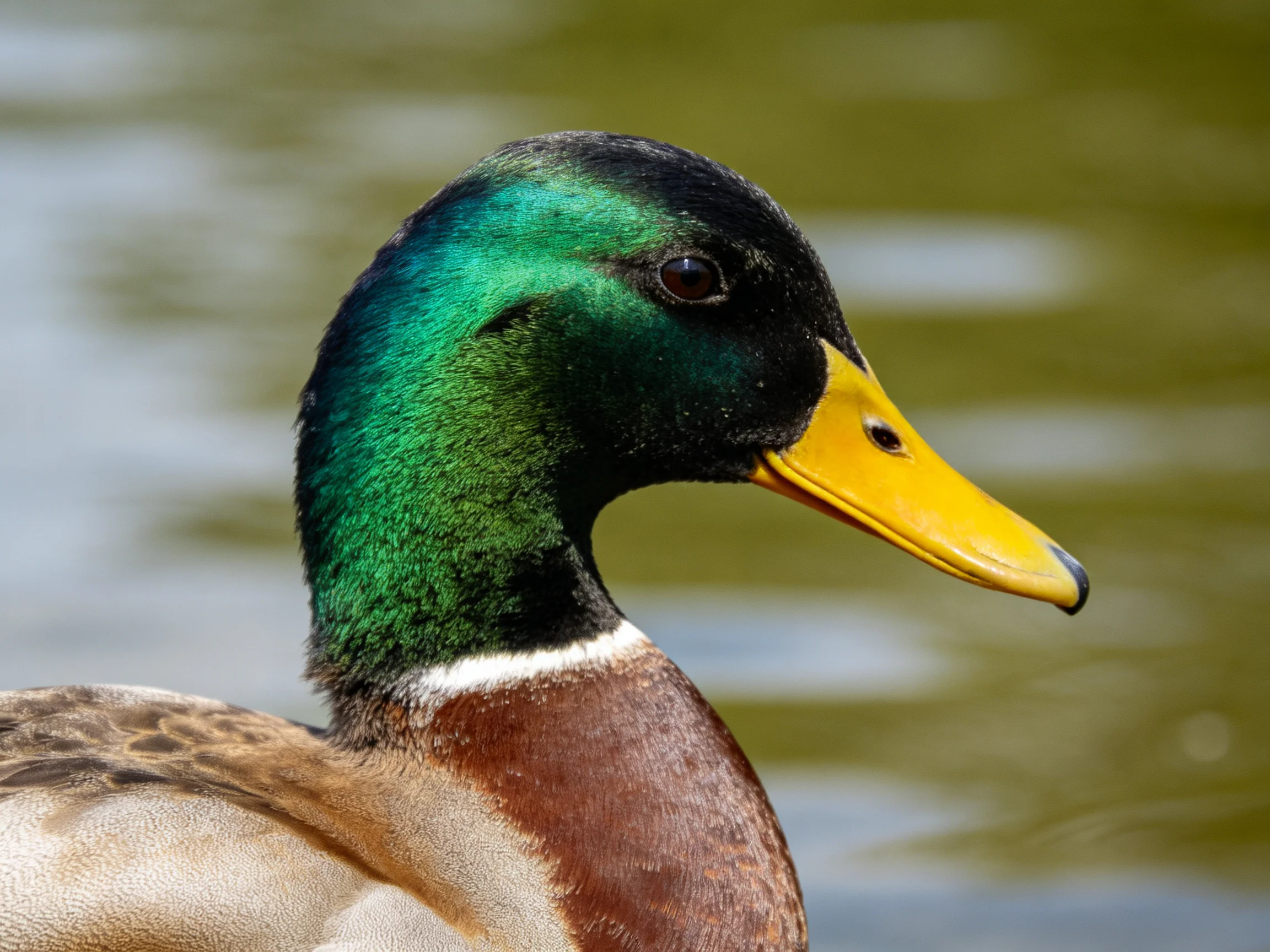 A mallard duck with iridescent green neck, bright yellow bill, and brown chest near water