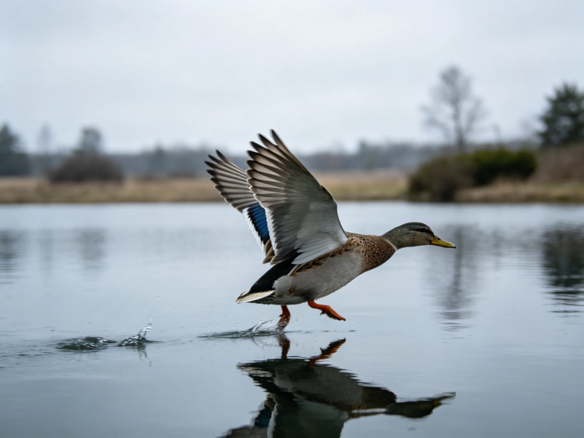 A mallard duck with outstretched wings landing on calm water