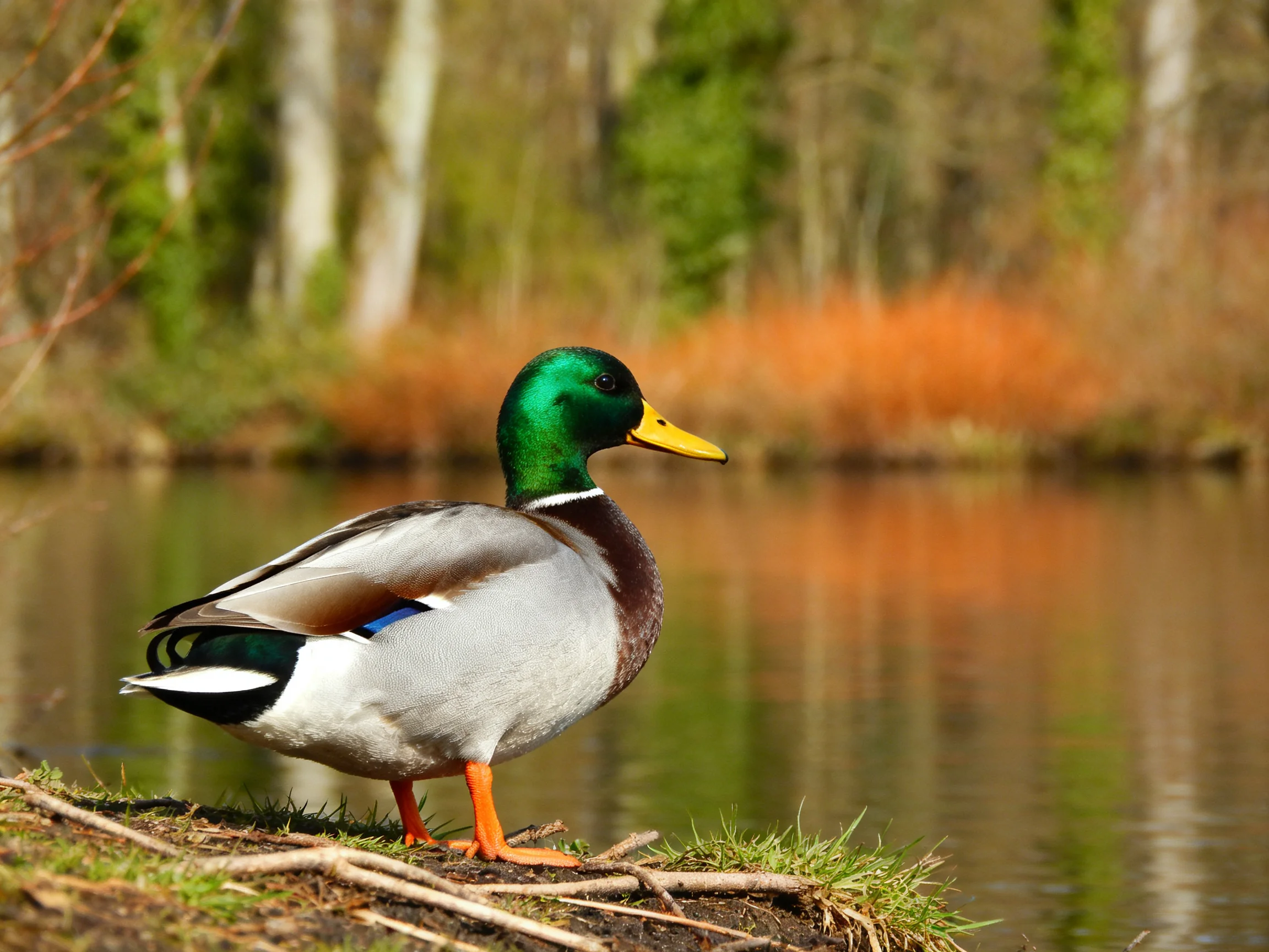 A mallard duck with colorful plumage stands by a calm body of water.
