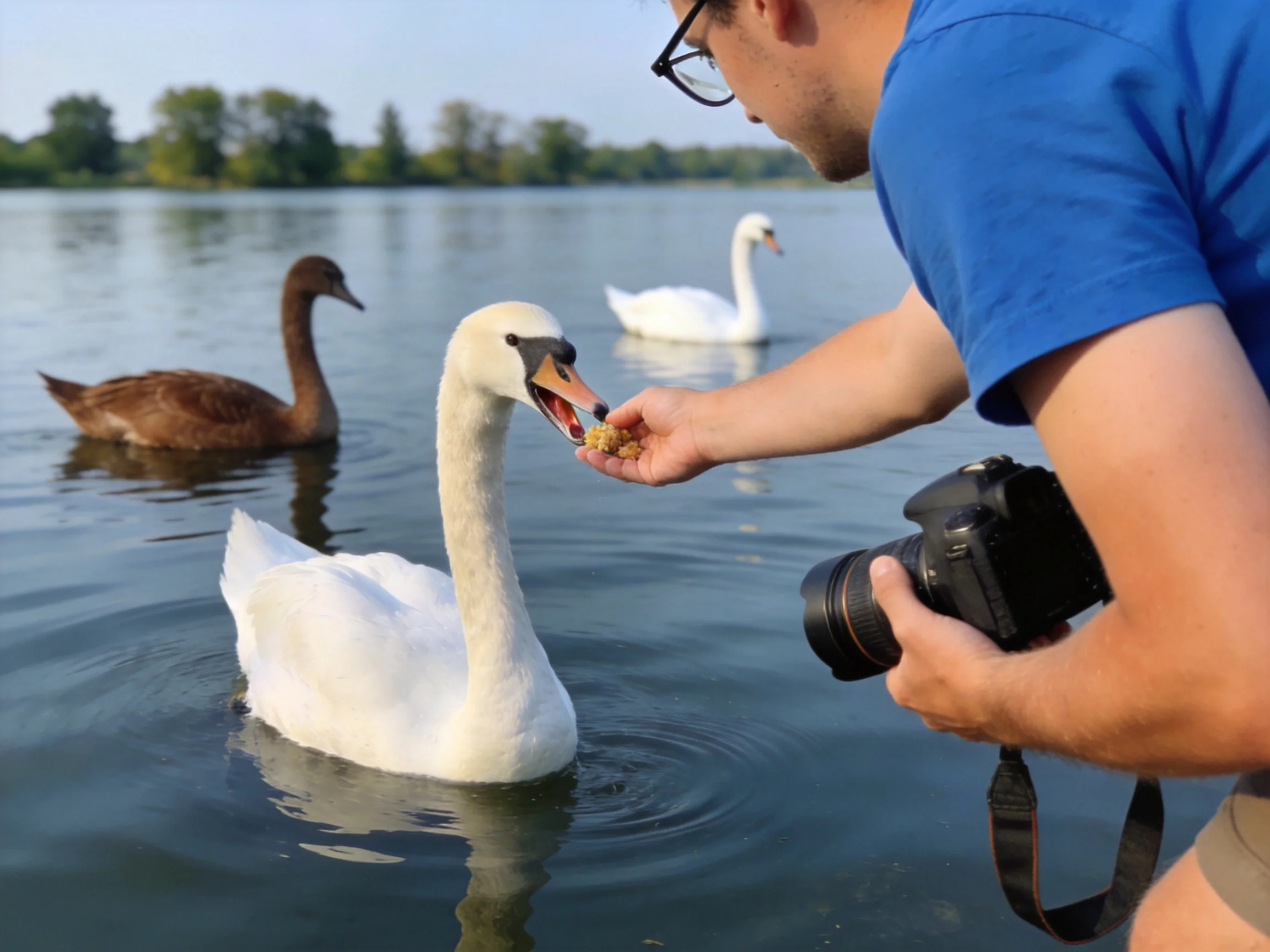 A man feeds swans by a serene lake with ducks