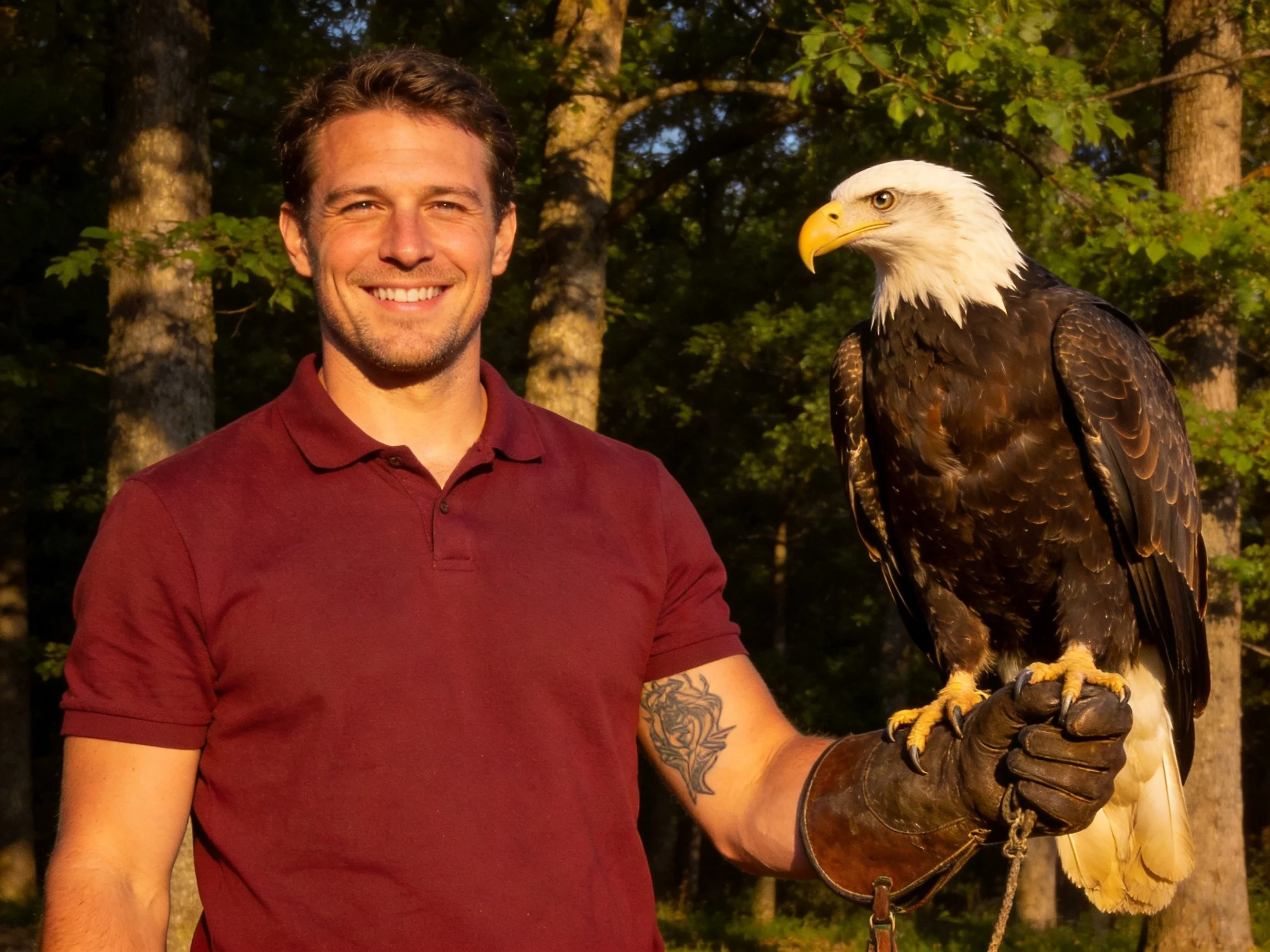 A man in a maroon polo holds a bald eagle near trees