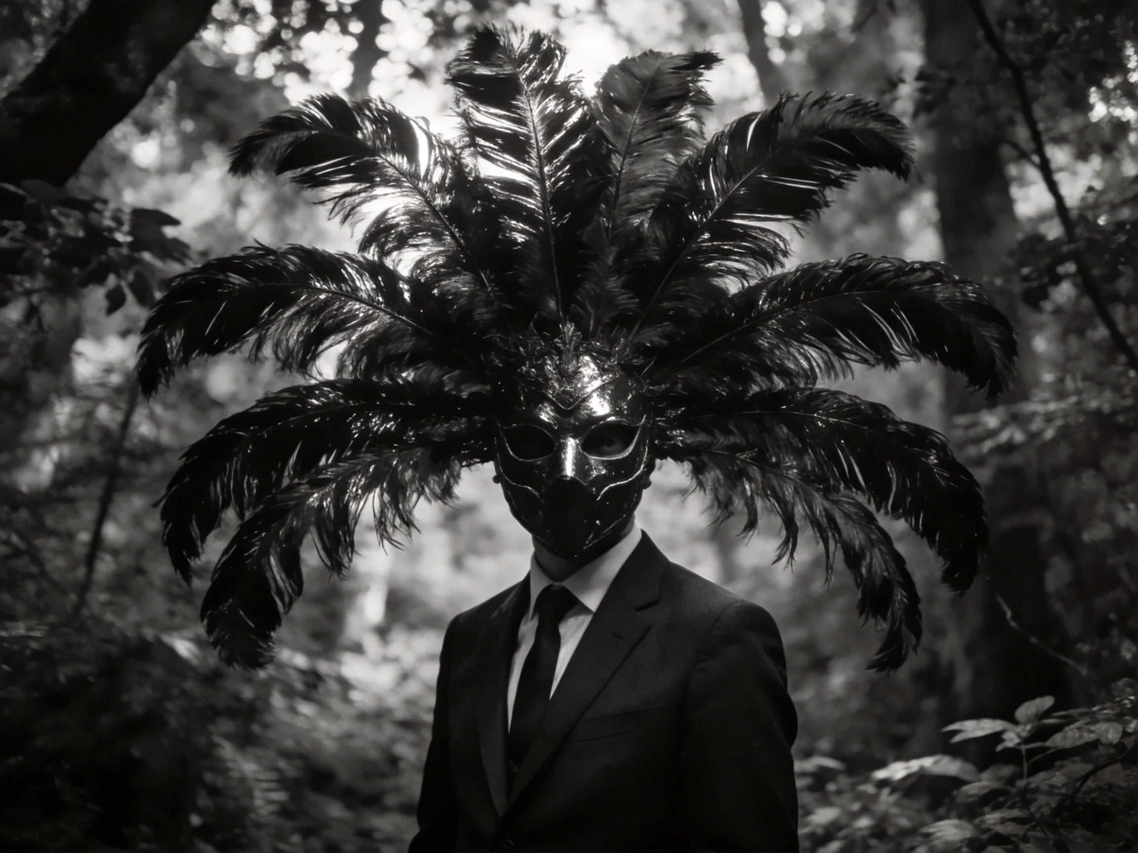 A man in a suit wears an elaborate feathered mask in a forest
