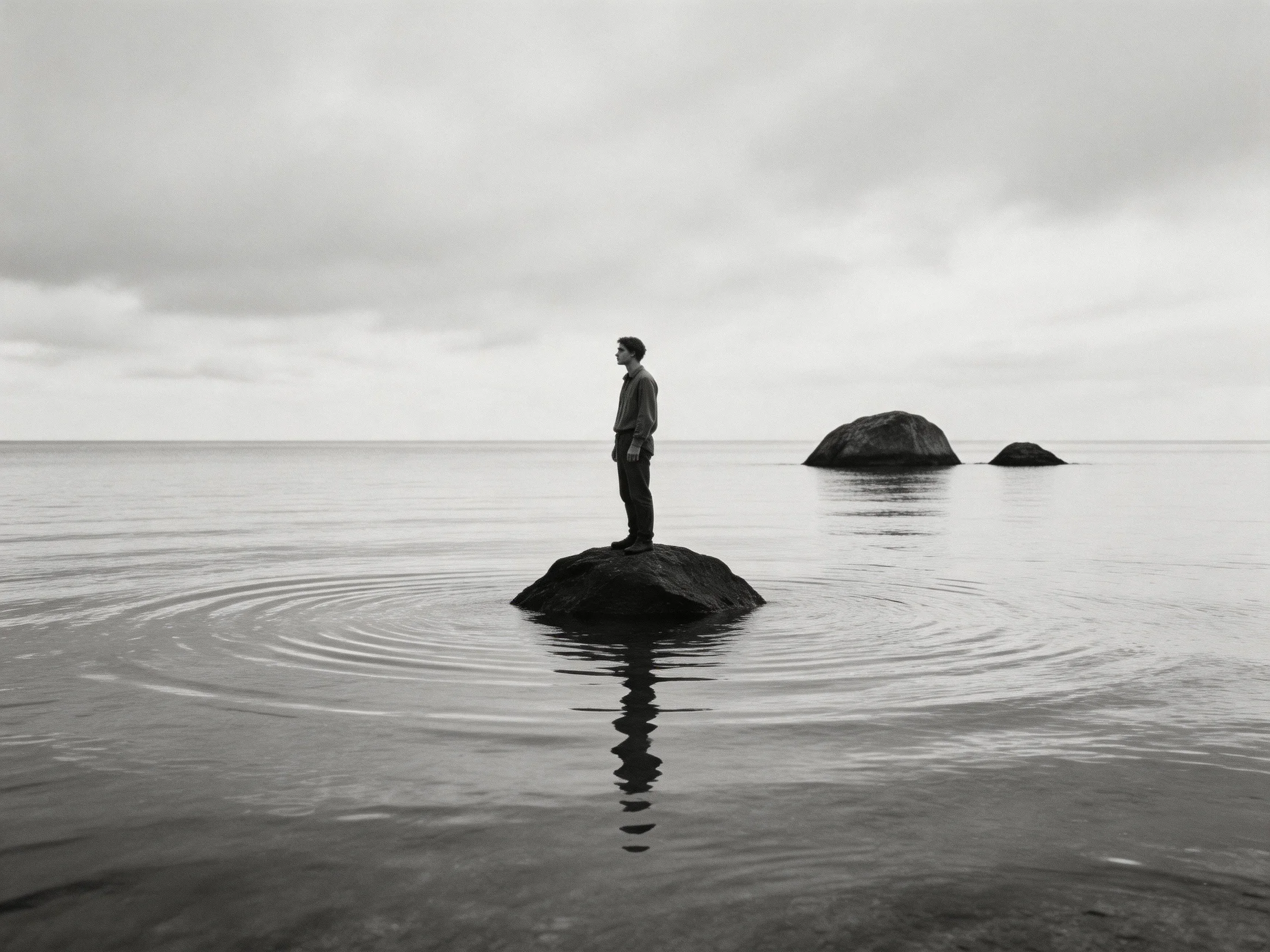 A man stands on a rock in calm water near two distant rocks under a cloudy sky