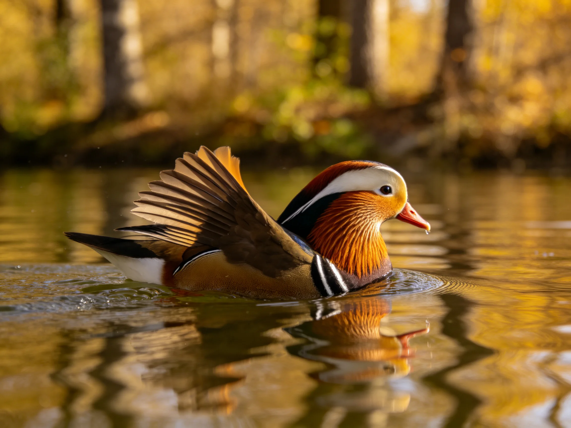 A mandarin duck with outstretched wings swims in calm water