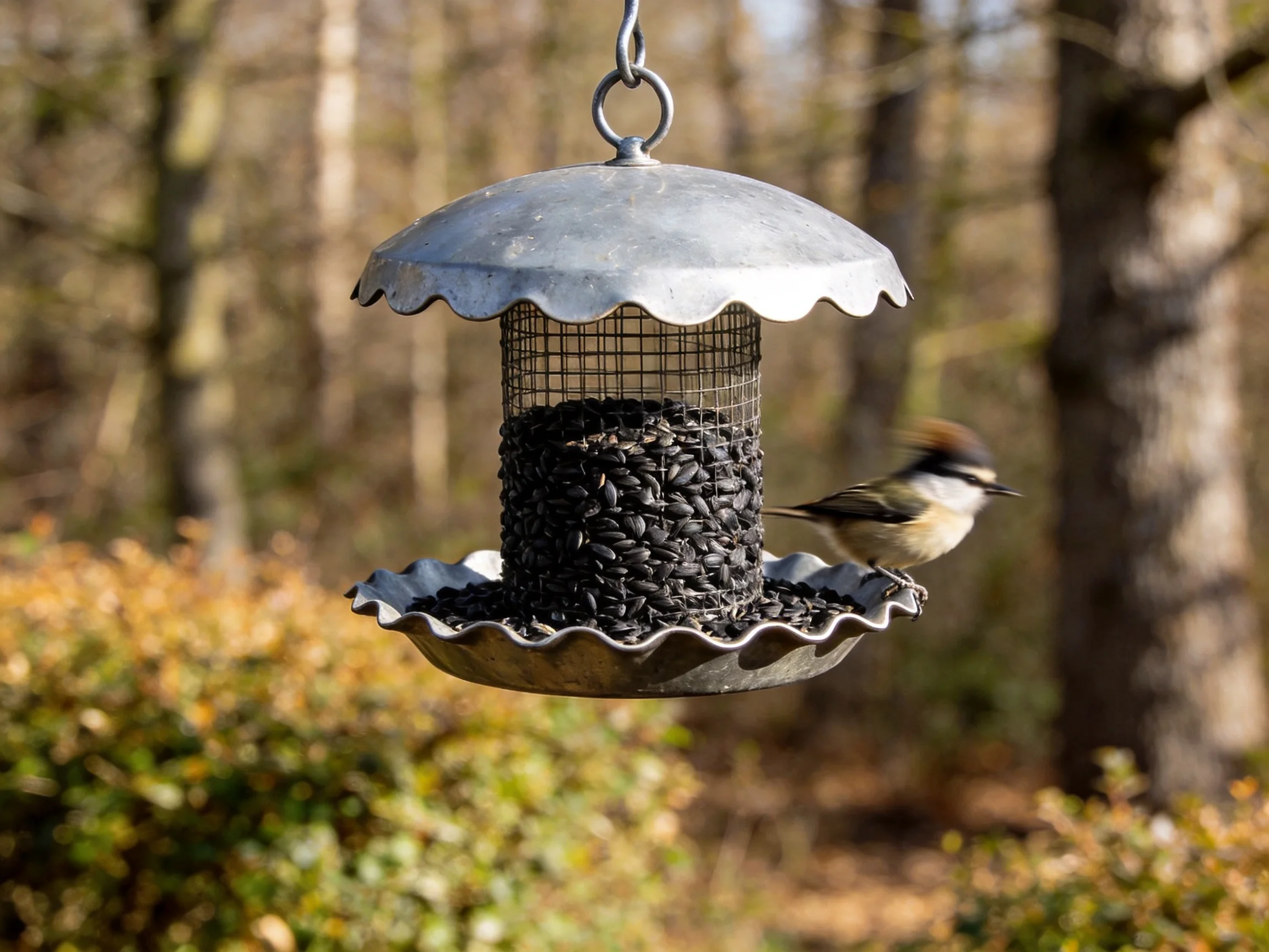 A metal bird feeder filled with black seeds has a small bird nearby