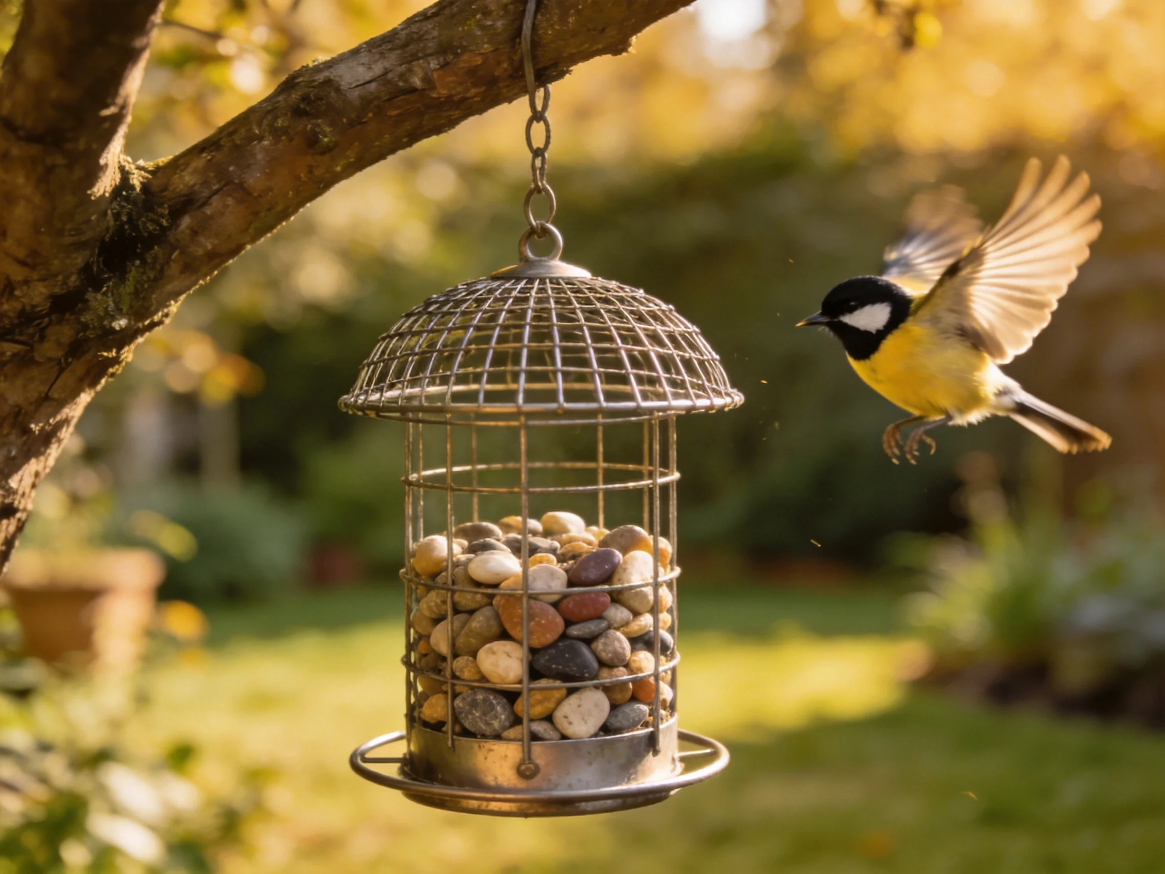 A metal bird feeder hangs from a tree with a small bird nearby