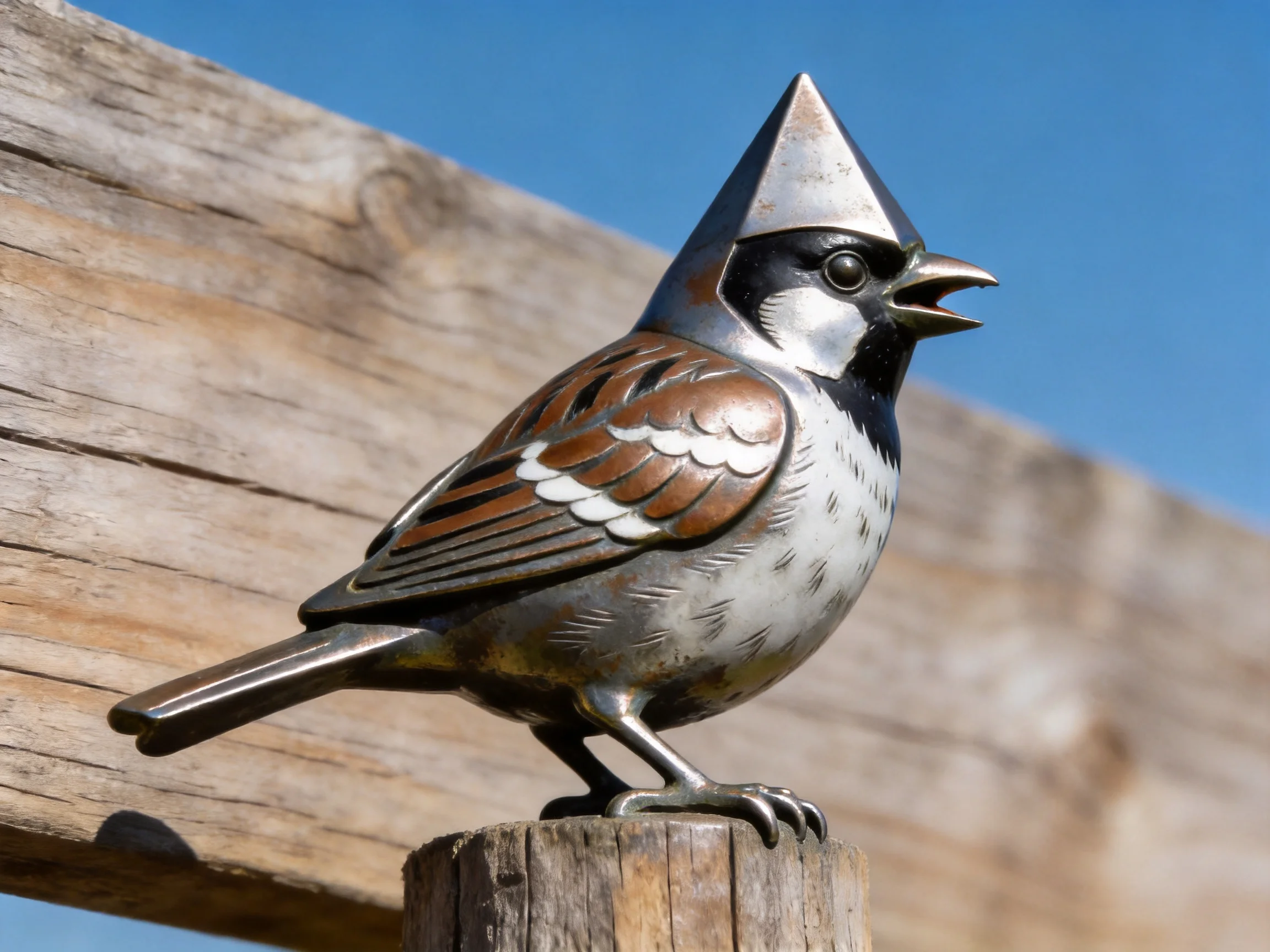 A metallic bird sculpture with a pointed metal hat perched on a wooden post