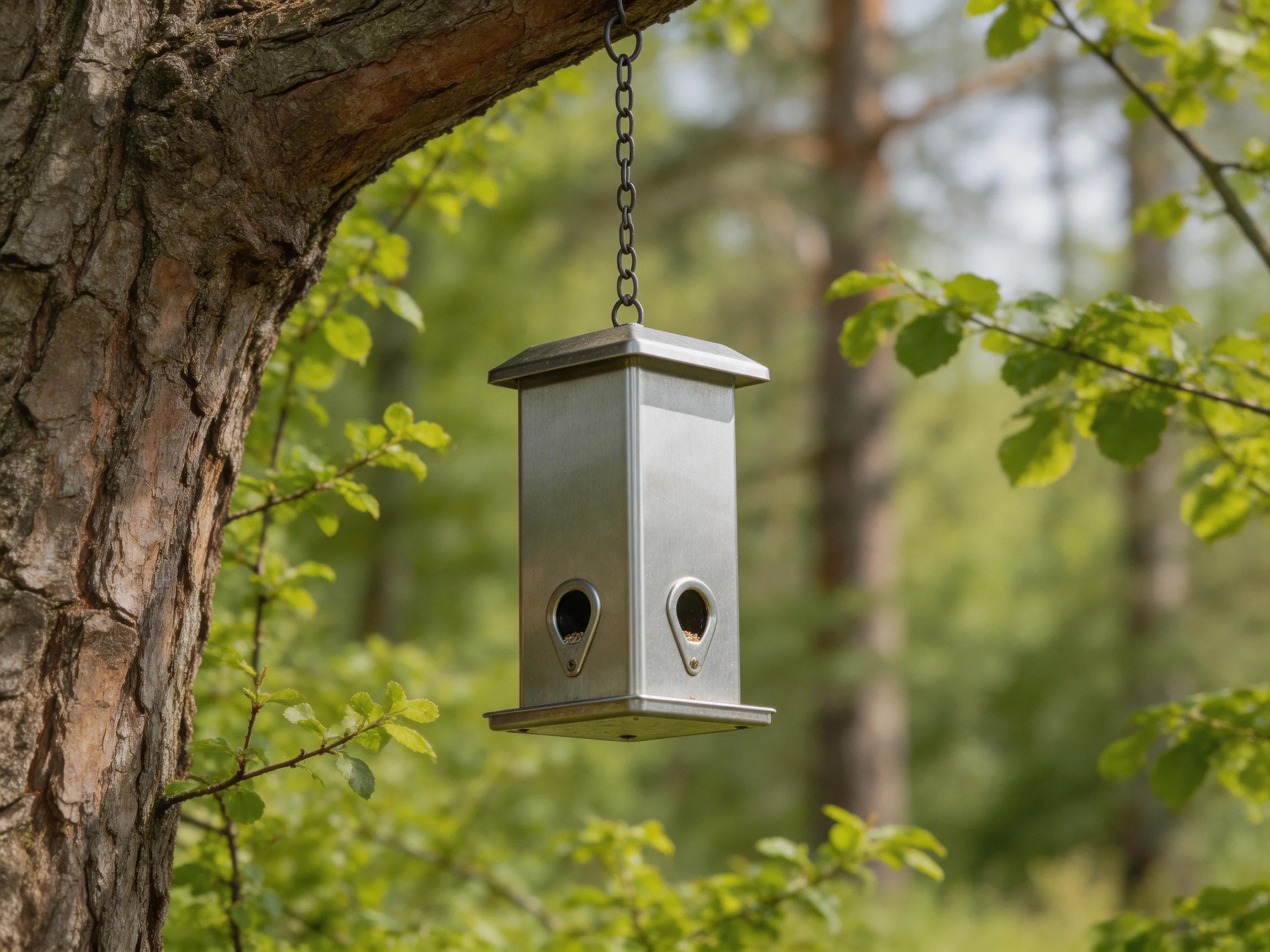 A metallic birdhouse hangs from a tree branch amid green foliage
