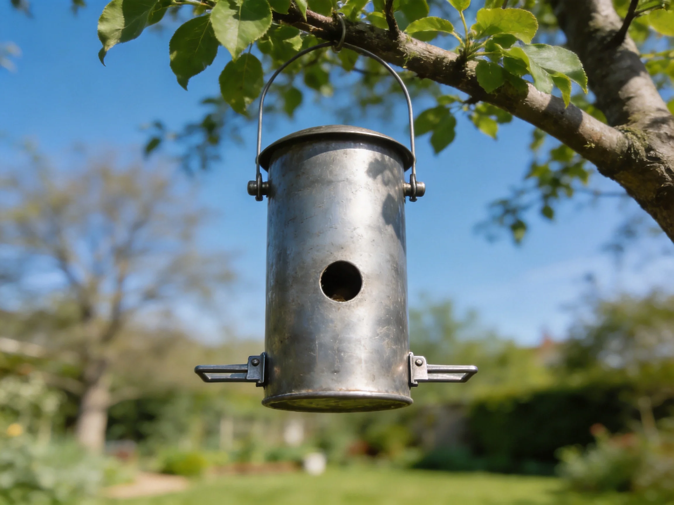 A metallic cylindrical bird feeder hangs from a tree branch