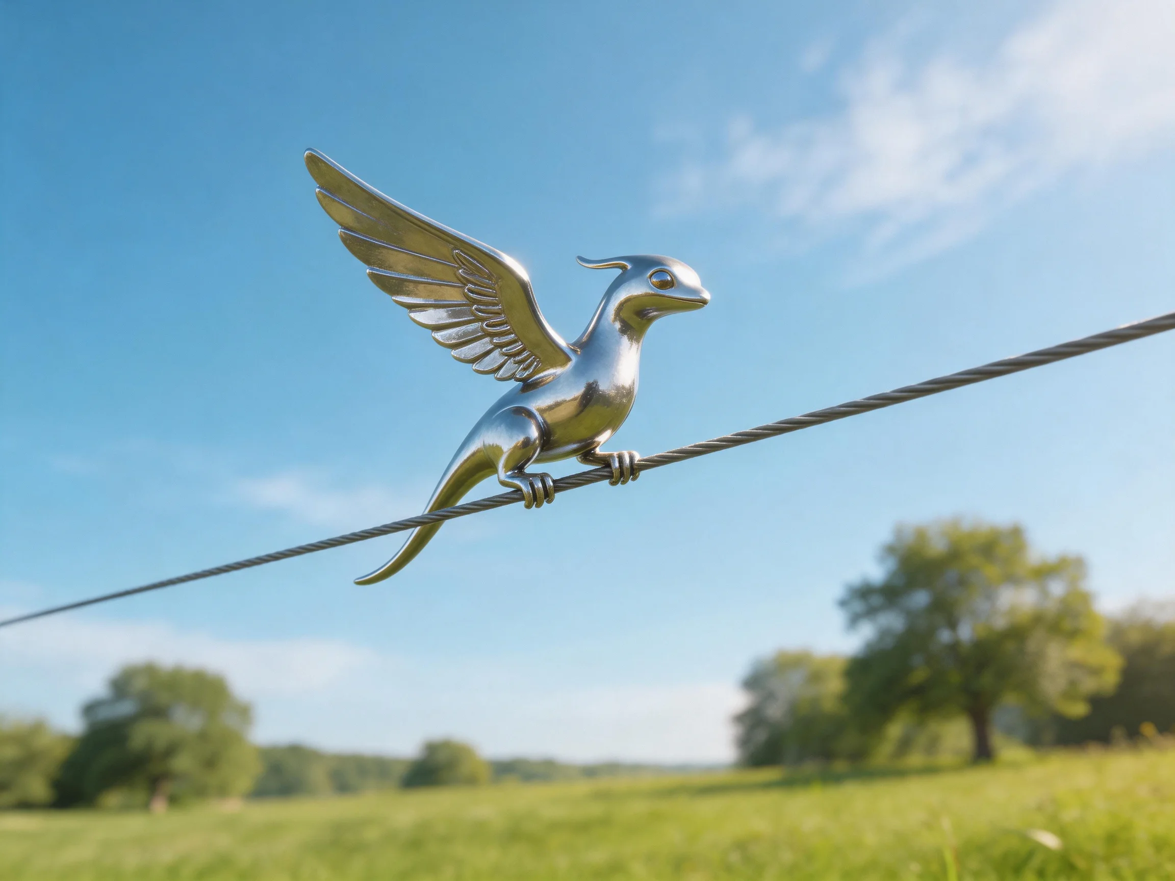 A metallic winged creature perched on a thin wire in a sunny open field