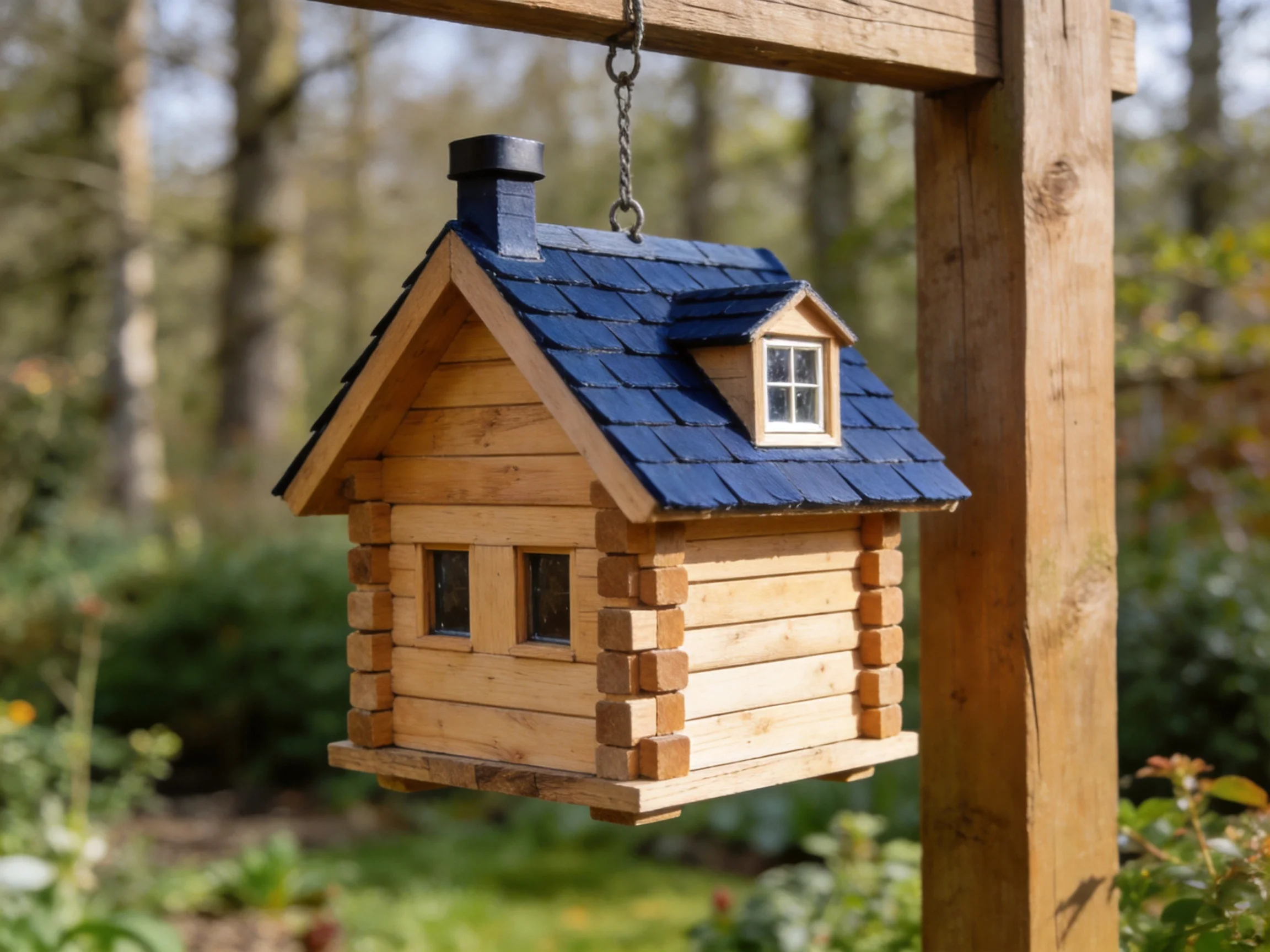 A miniature log cabin-style wooden birdhouse with blue shingled roof