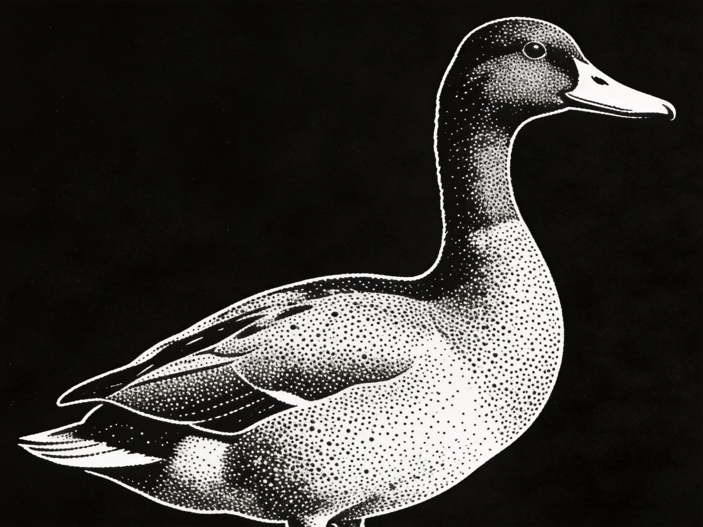 A monochromatic dotted illustration of a duck with textured regions