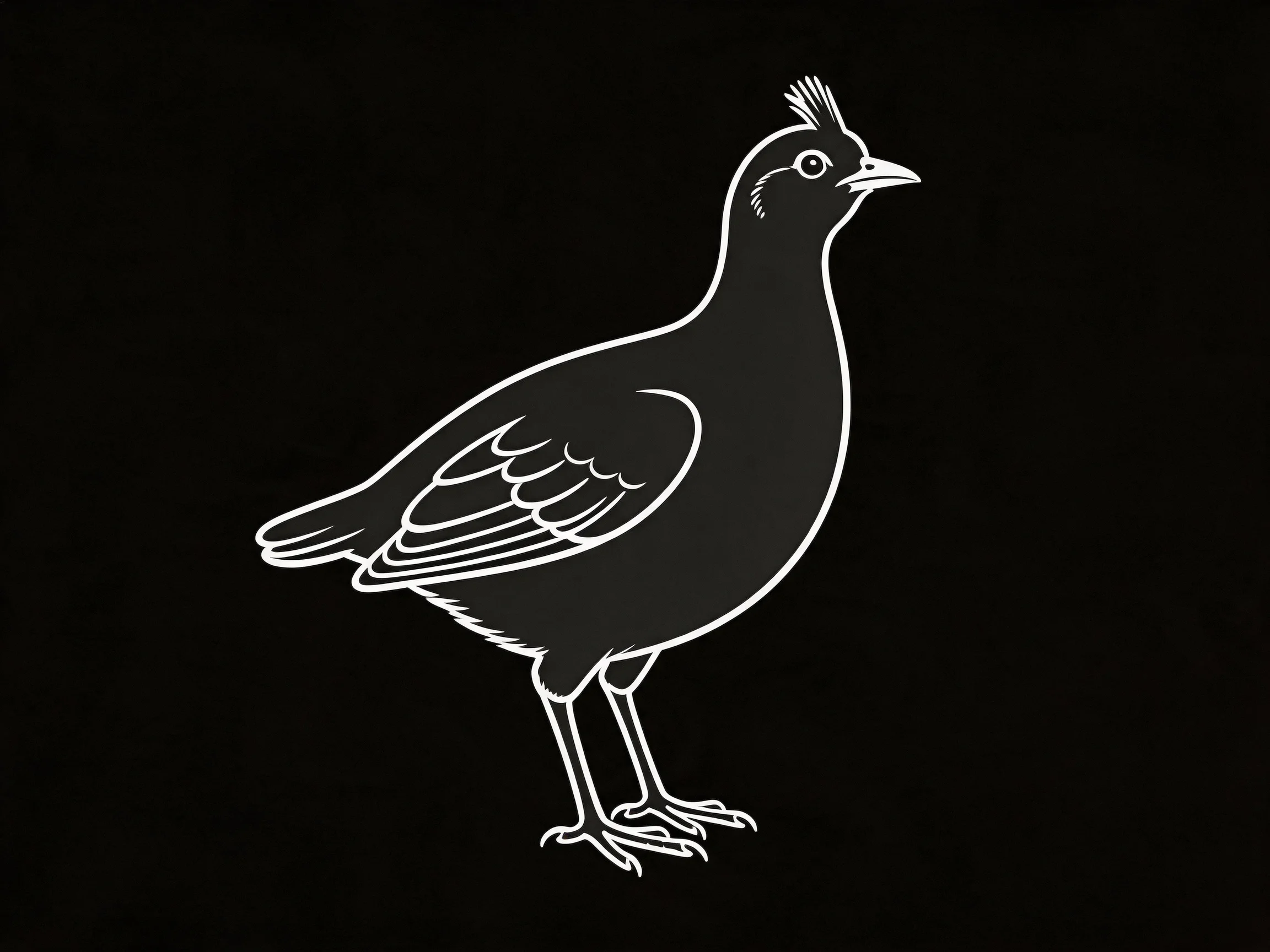 A monochrome bird illustration with detailed wing feathers and a crested head