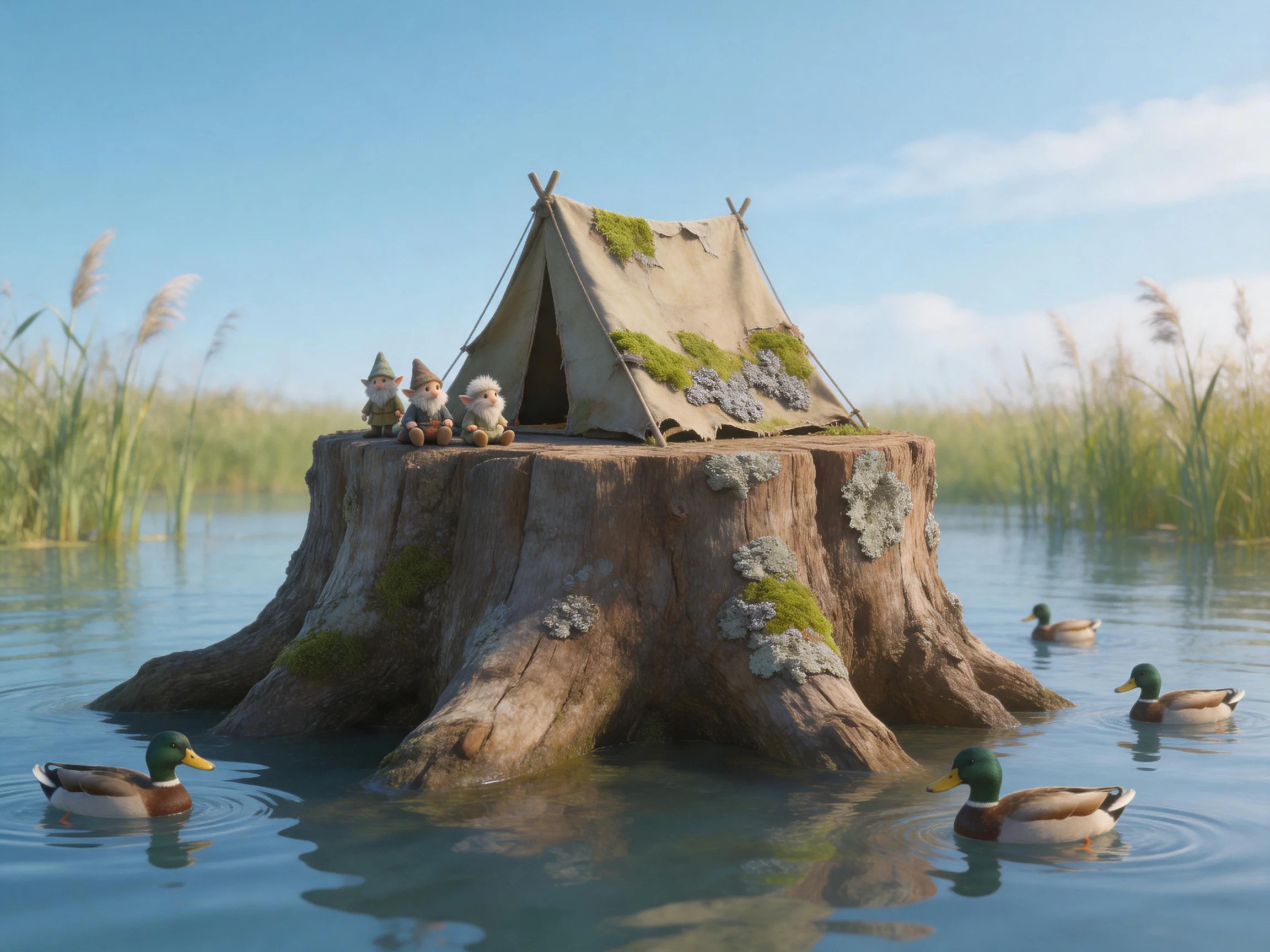 A moss-covered tree stump with a tent, three gnomes, and ducks in calm water