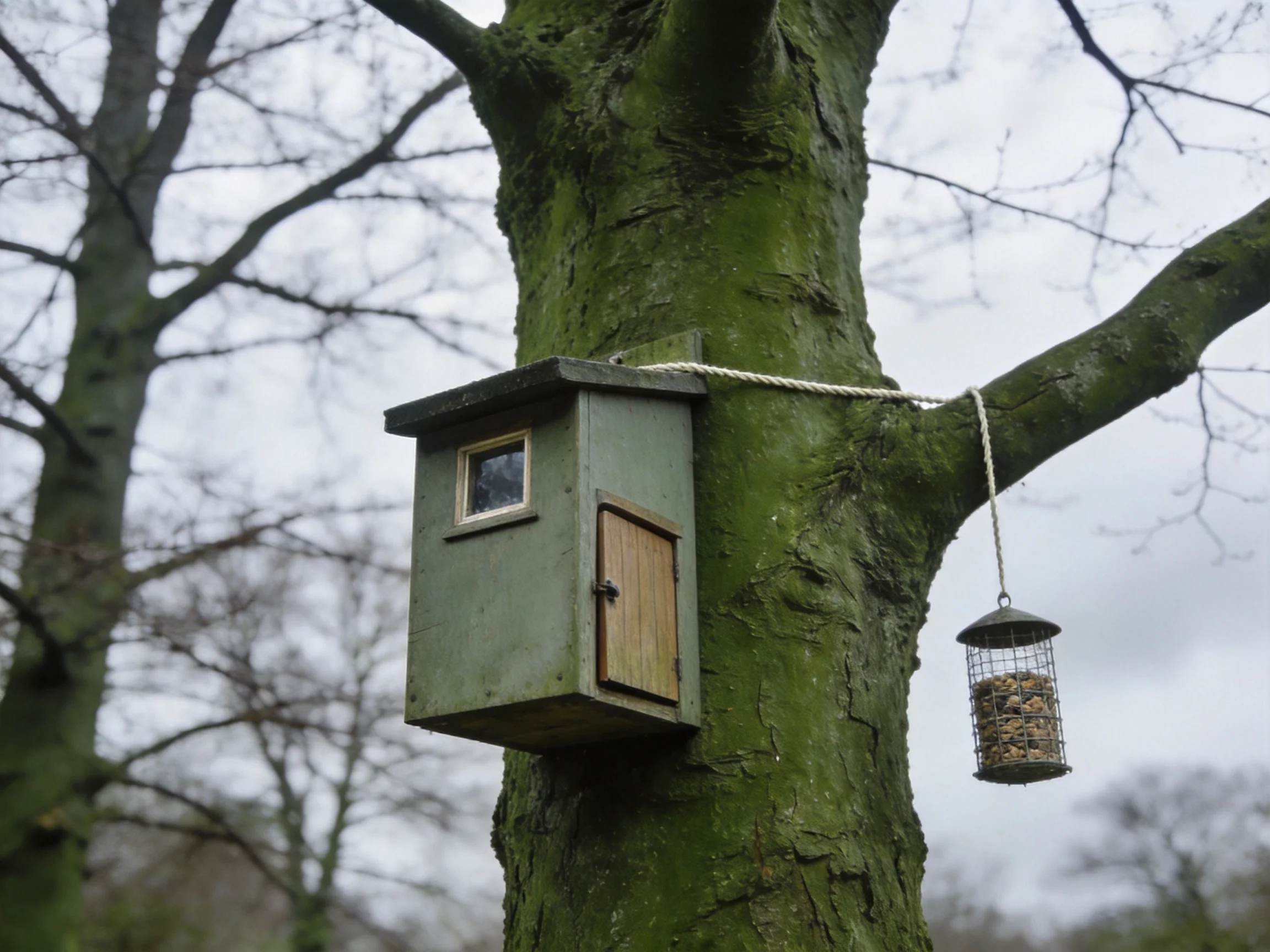 A moss-covered tree with a green wooden birdhouse and metal feeder