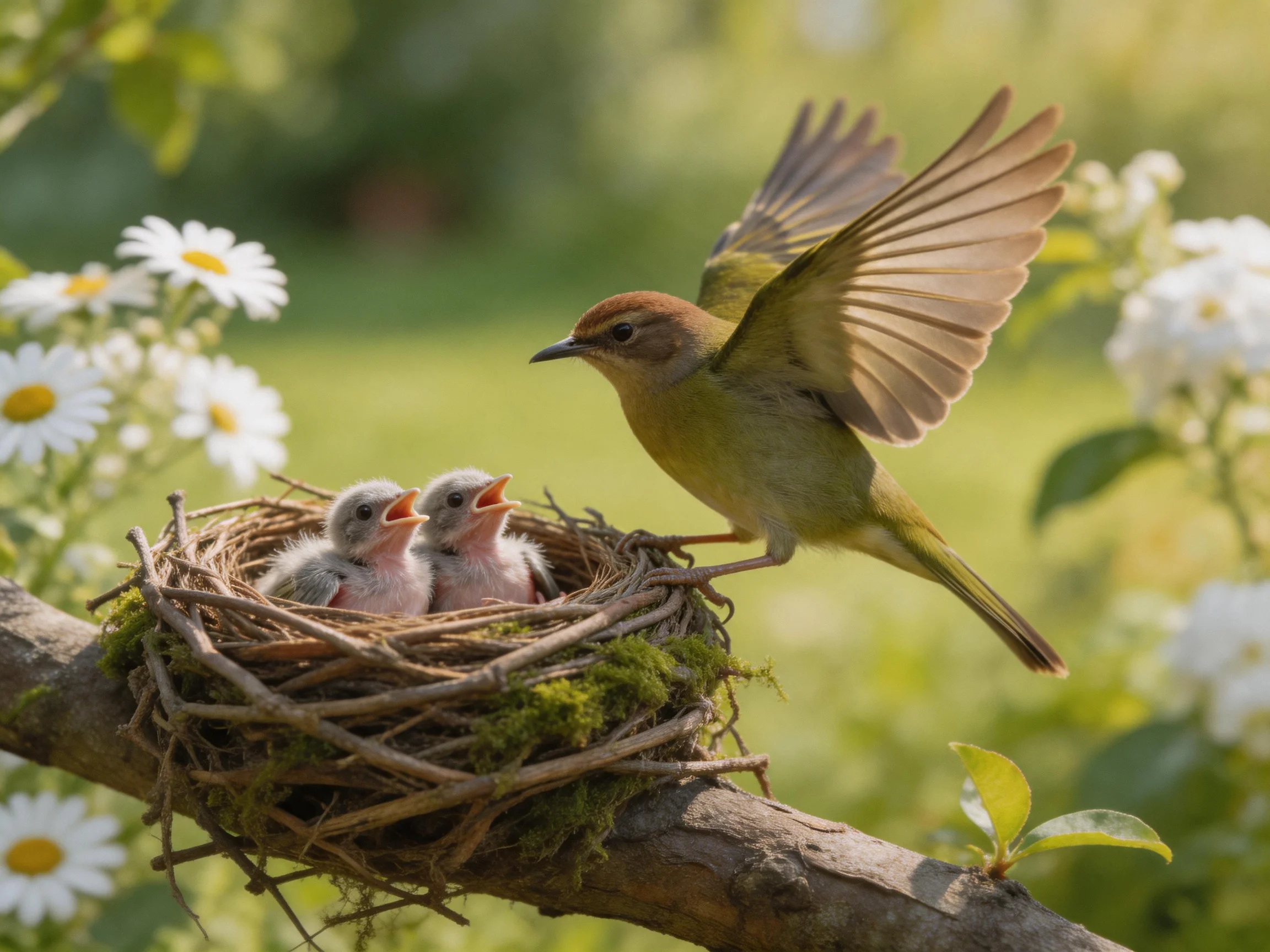 A mother bird feeds two chicks in a mossy nest amid white flowers