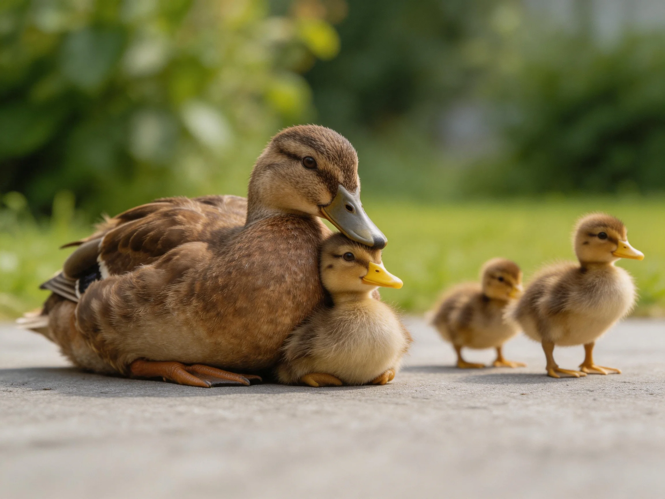 A mother duck cuddling one duckling with two others nearby outdoors
