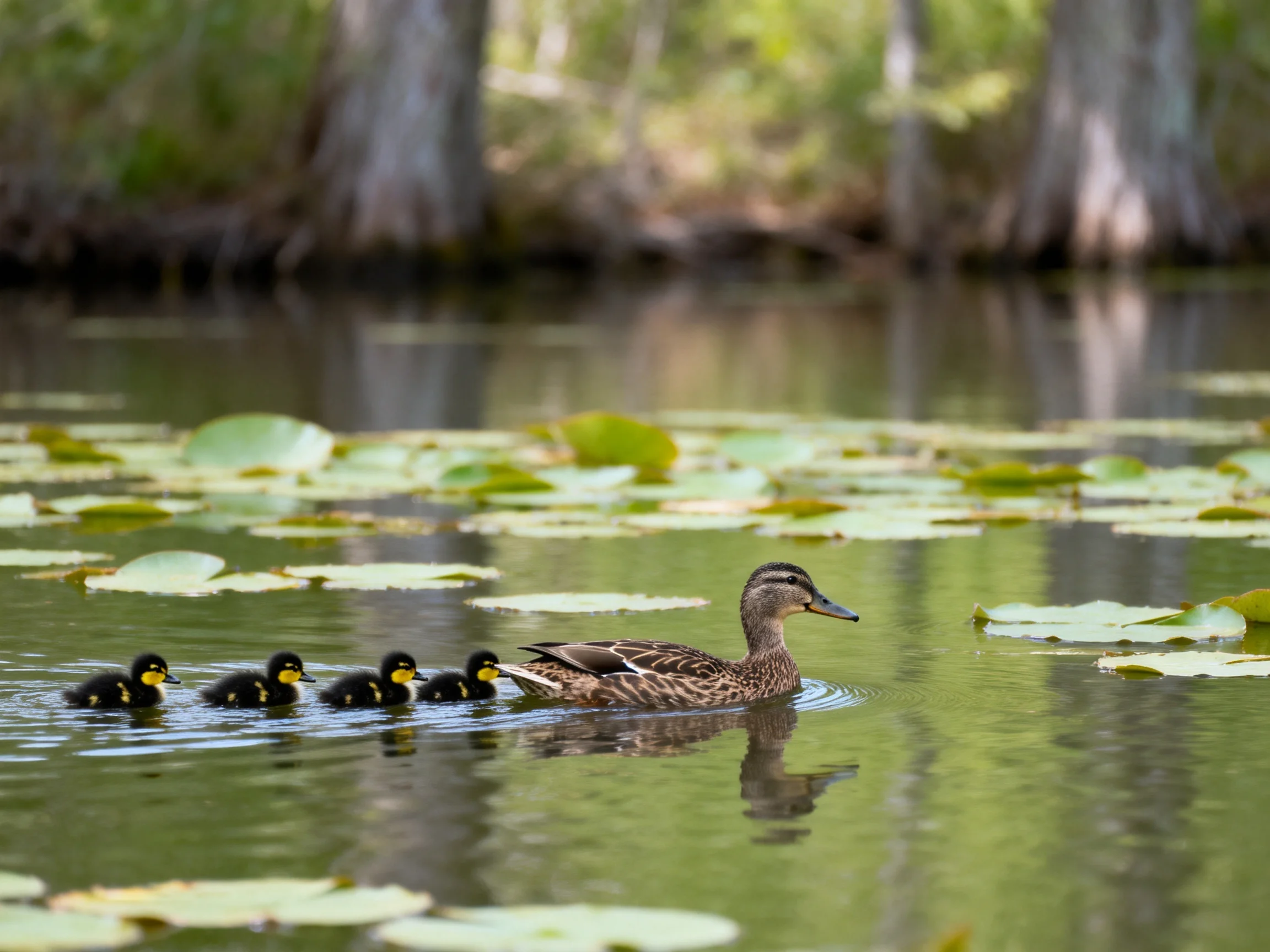 A mother duck leads four ducklings through lily pad-filled waters near cypress trees