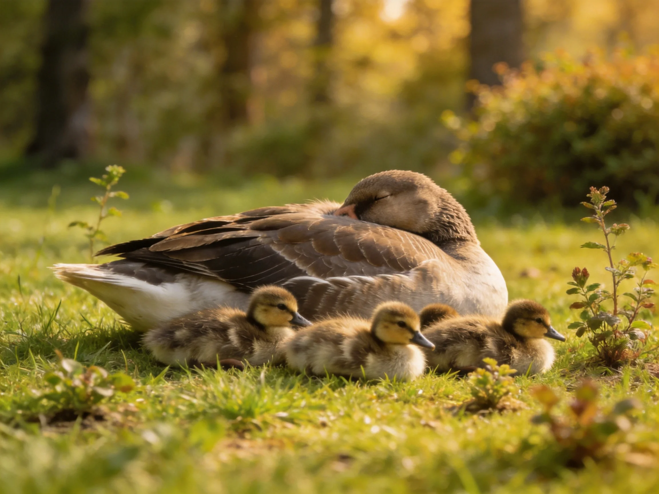 A mother duck rests near three ducklings on sunlit grass