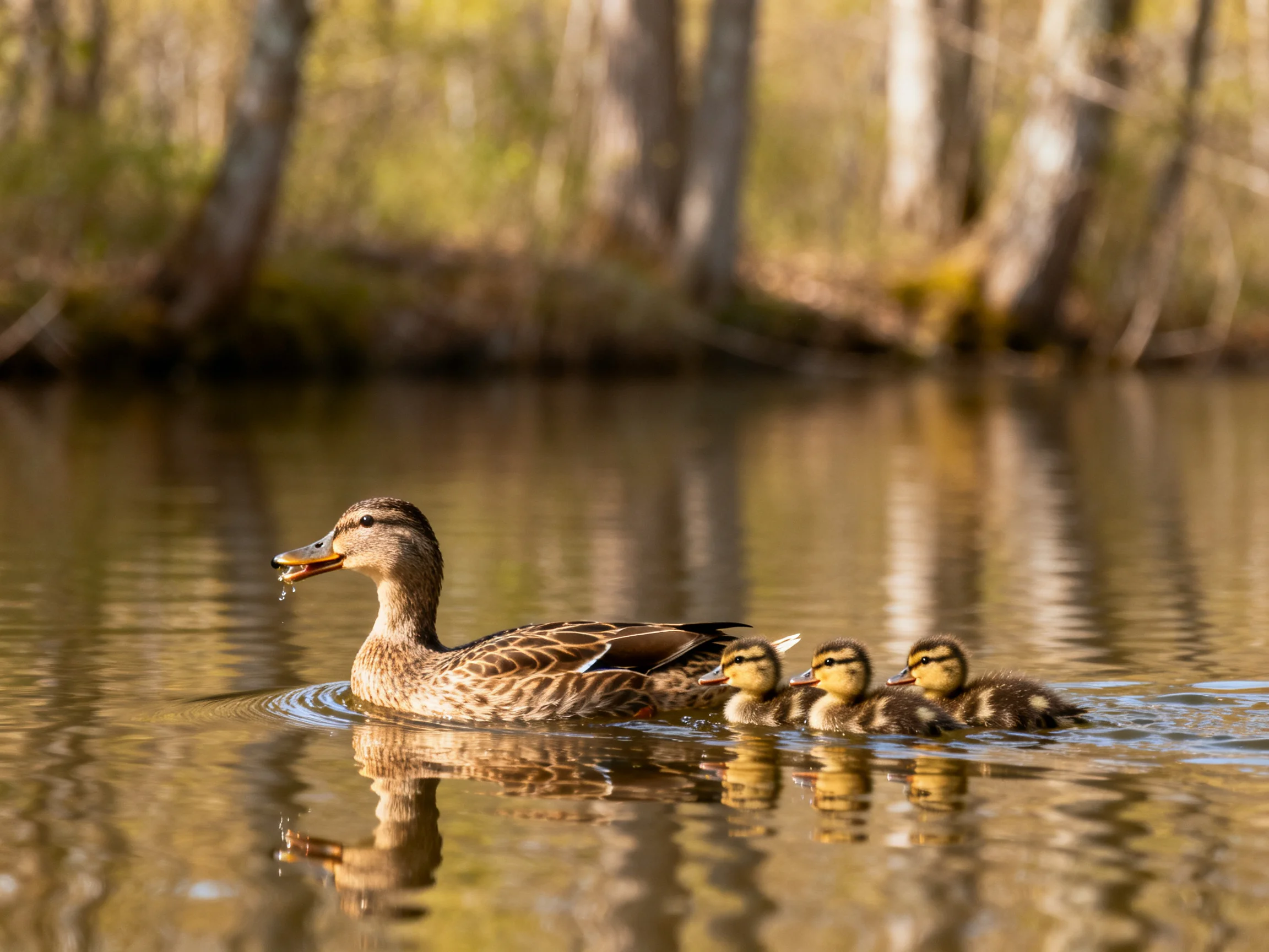A mother duck swims with three ducklings in a forest pond
