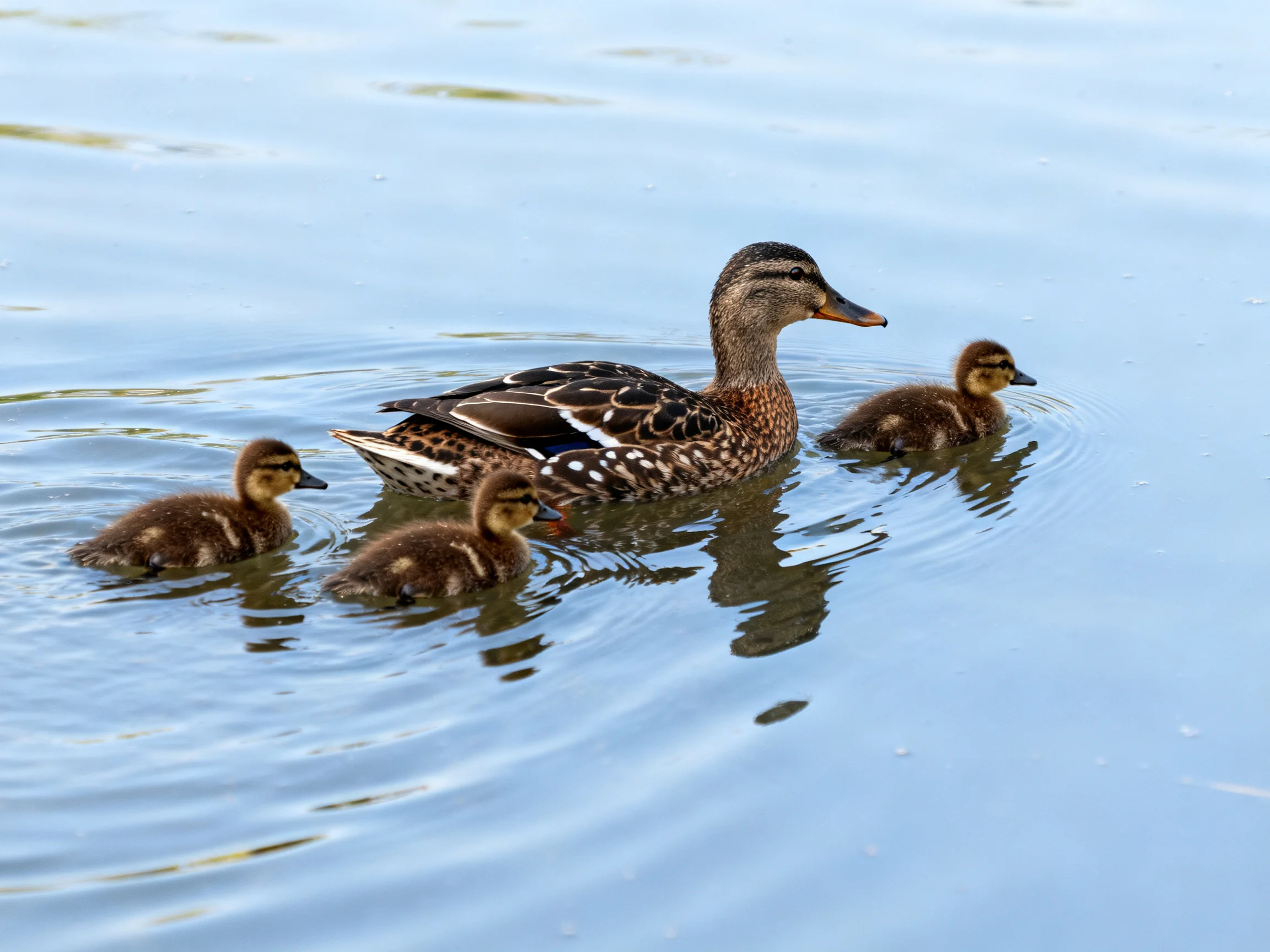 A mother duck swims with three ducklings in calm blue water