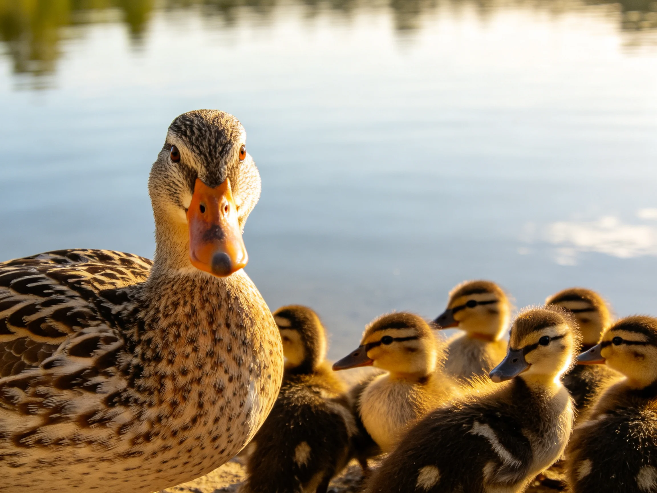 A mother duck with ducklings near calm water