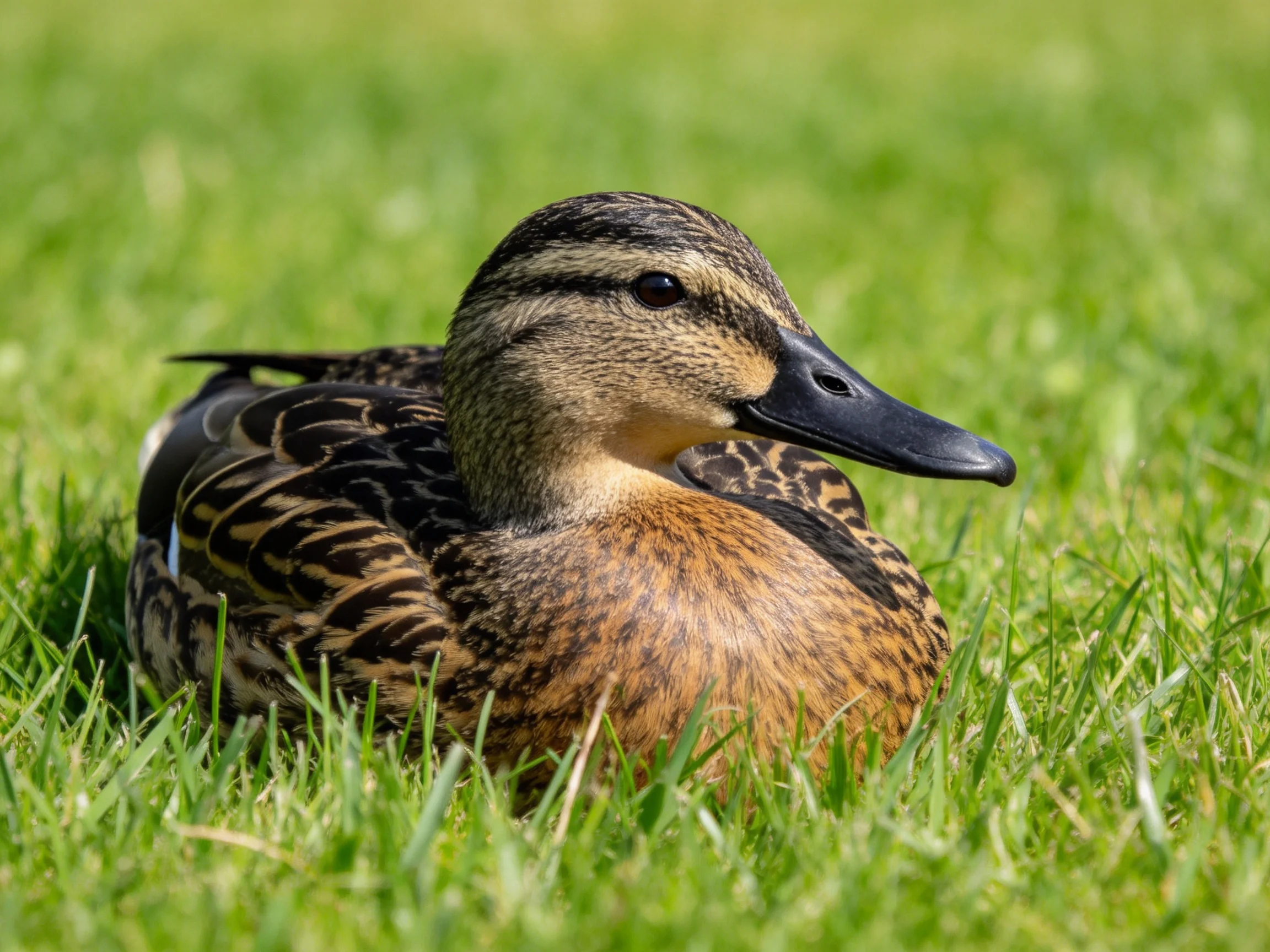 A mottled brown duck resting on vibrant green grass