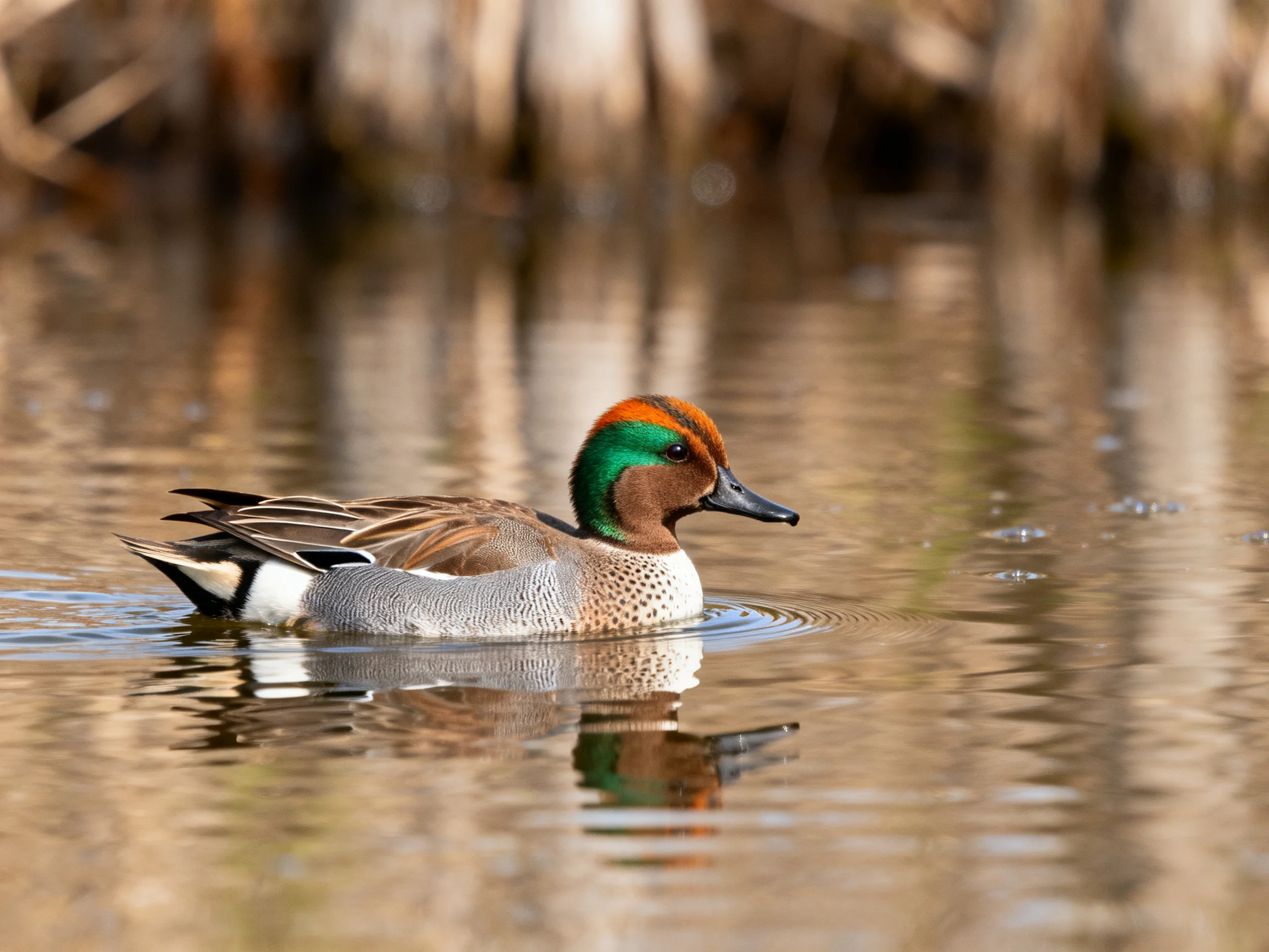 A multicolored duck swims in calm water near reeds