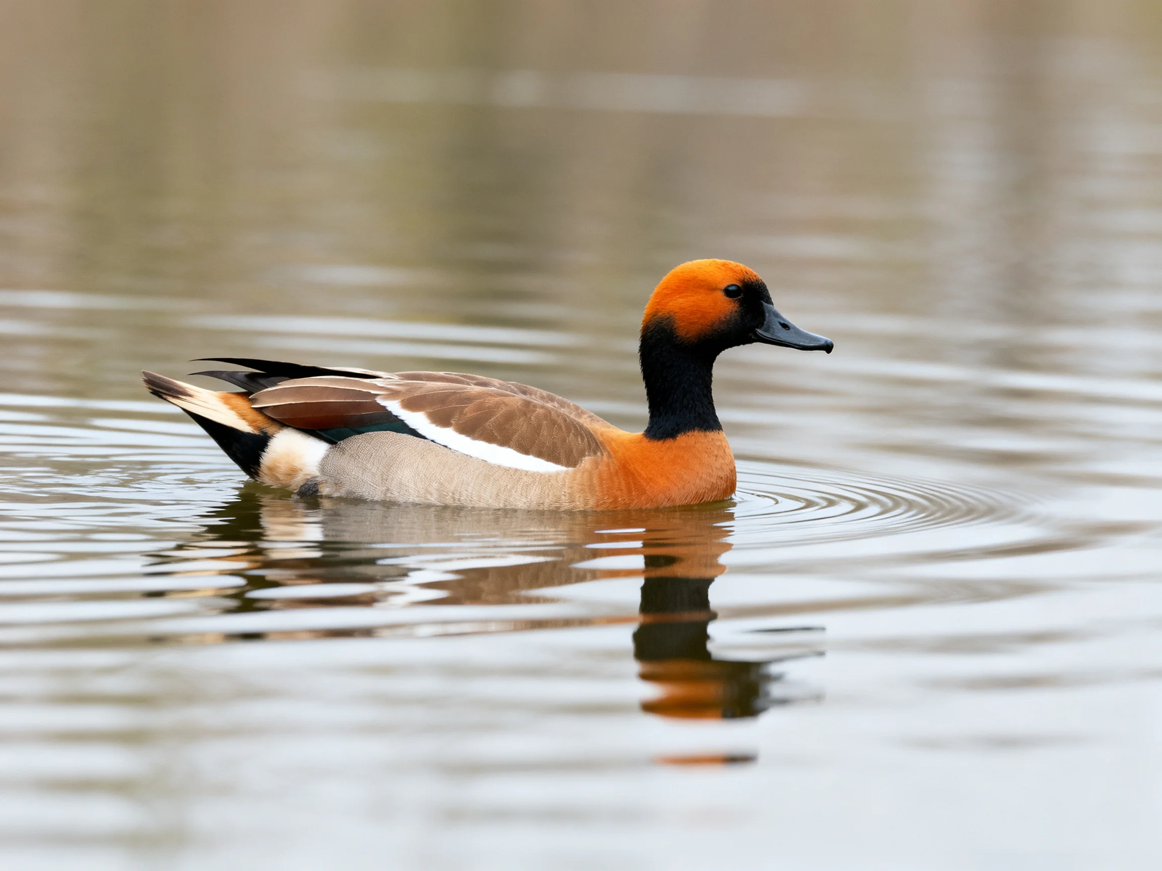 A multicolored duck swims in rippling water