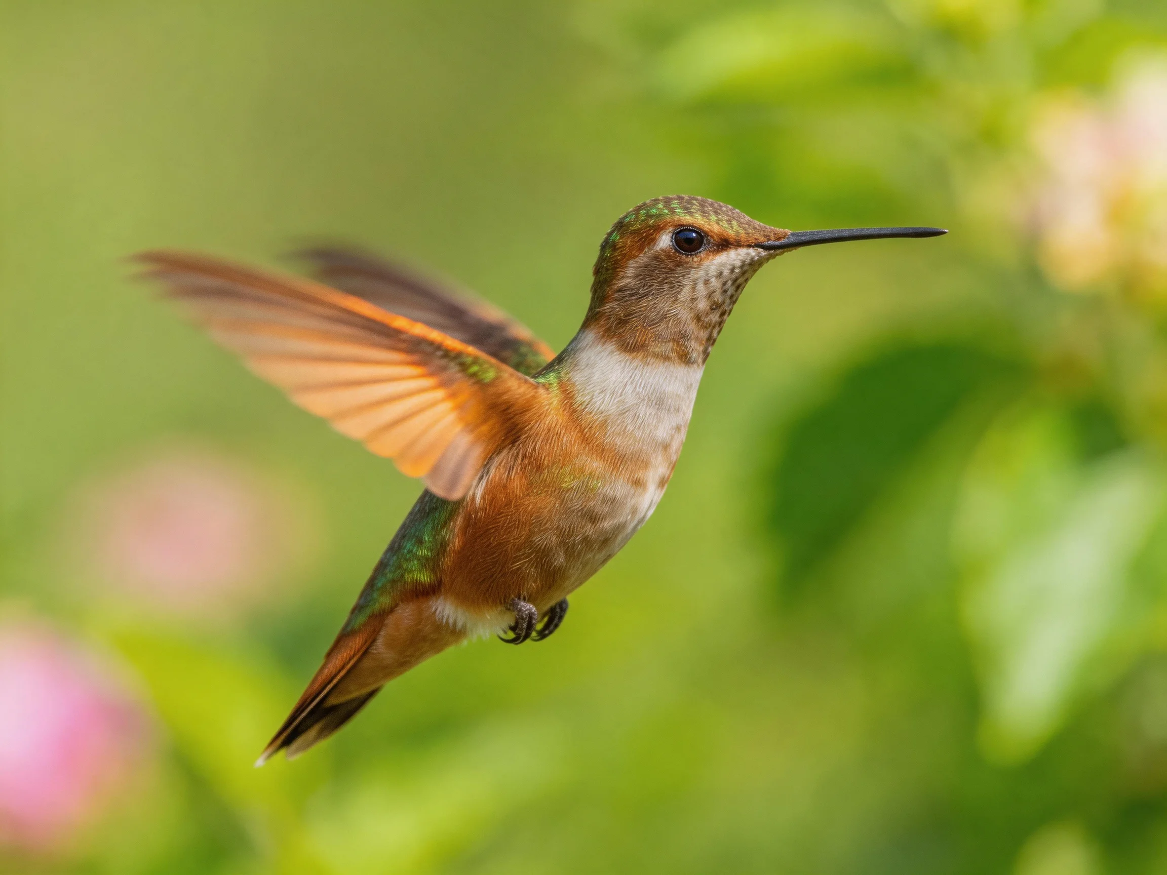 A multicolored hummingbird hovers near flowering plants