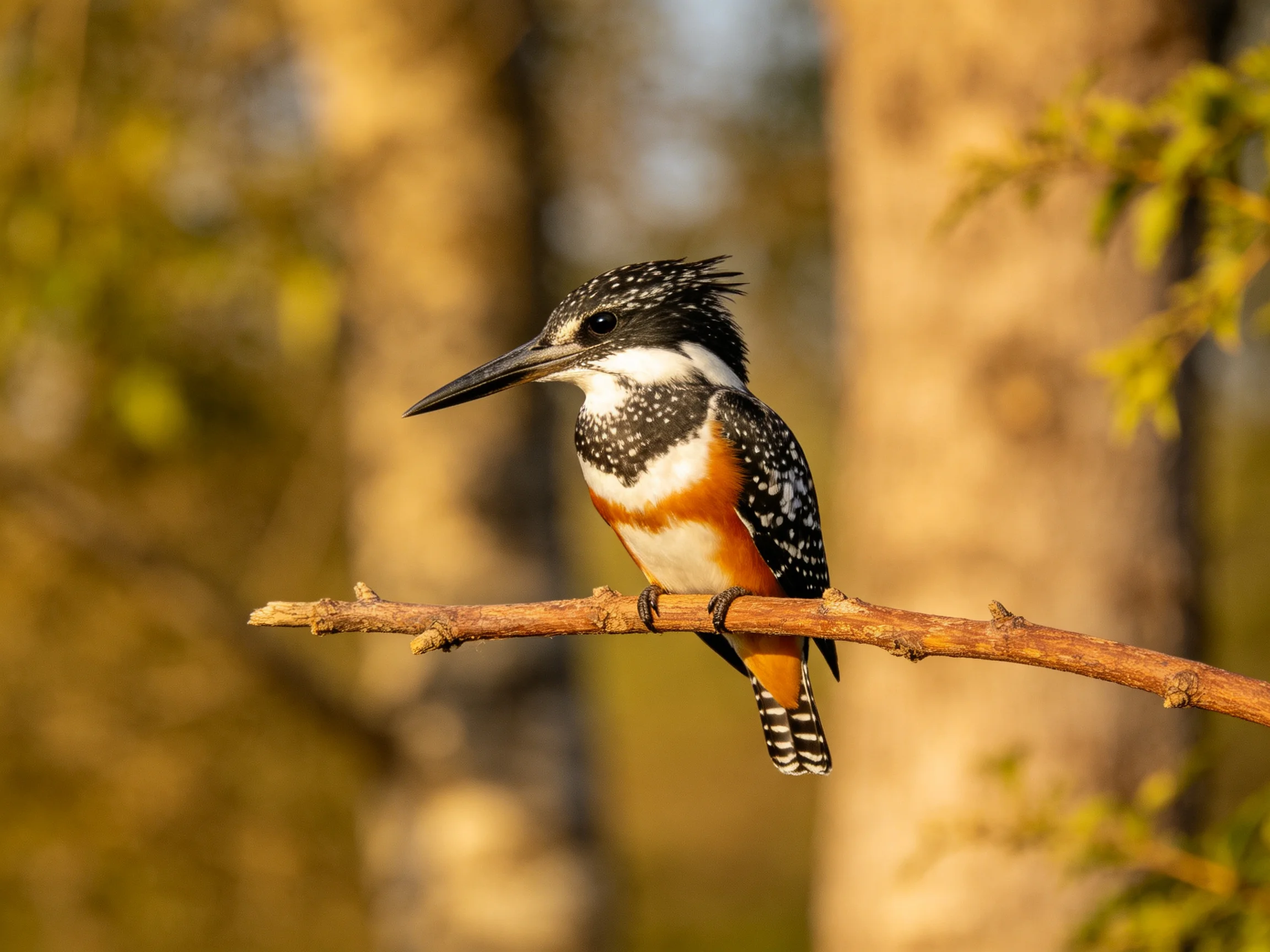 A multicolored kingfisher with black, white, and rust plumage perches on a brown branch.