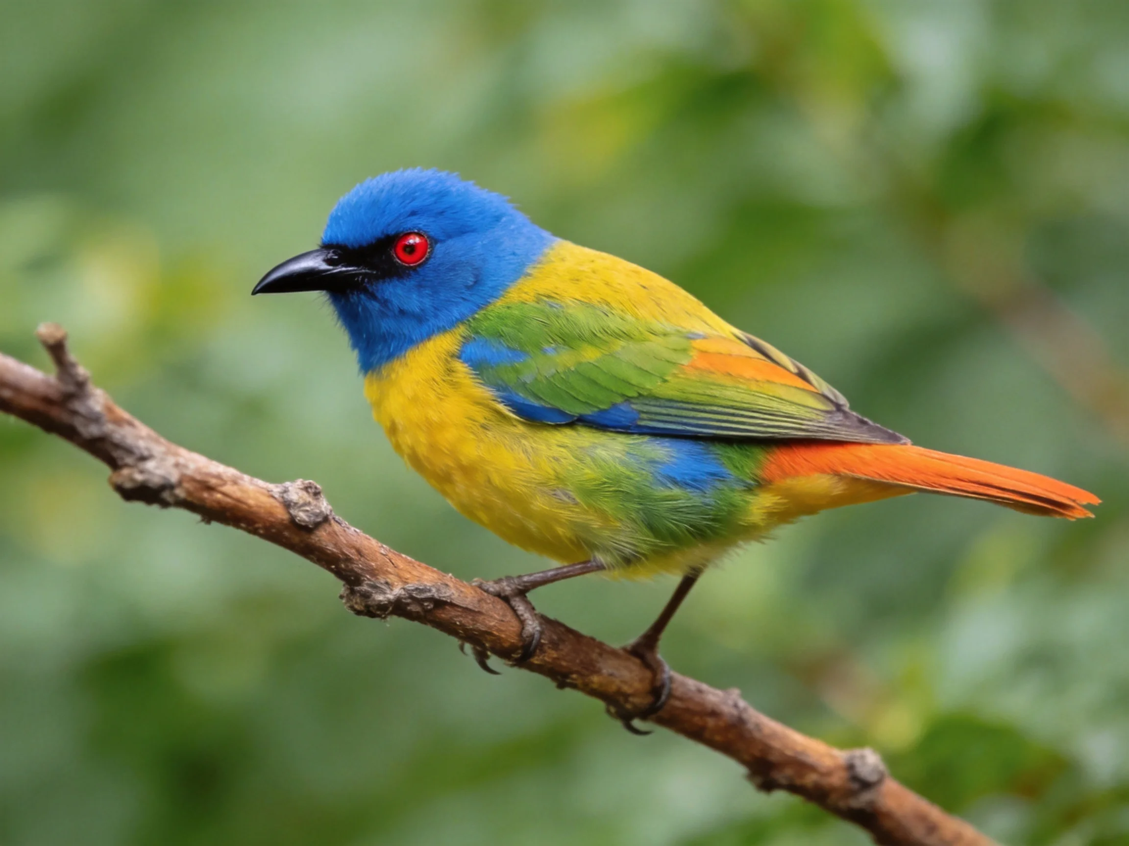 A multicolored small bird perched on a branch