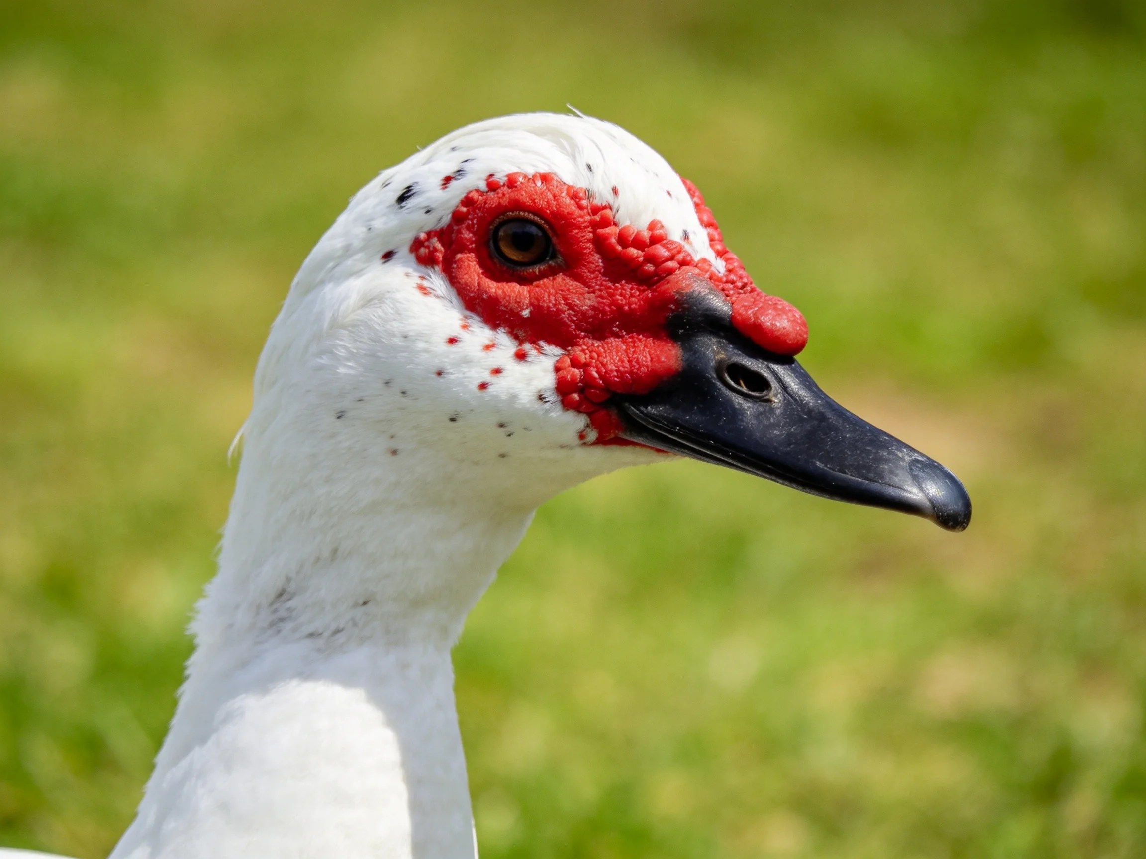 A muscovy duck close - up with red facial skin and white plumage