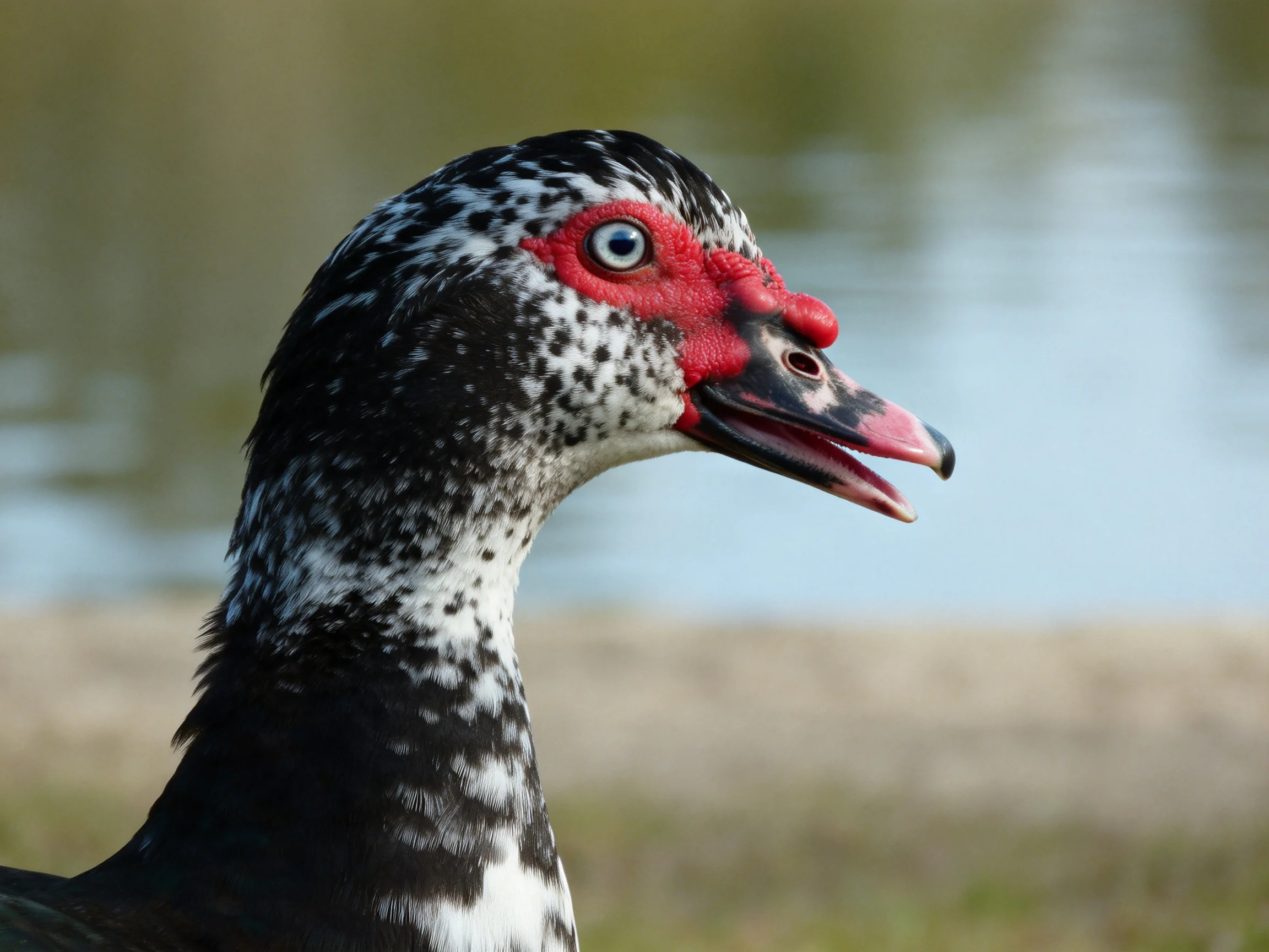 A muscovy duck with black and white speckled plumage and bright red facial skin
