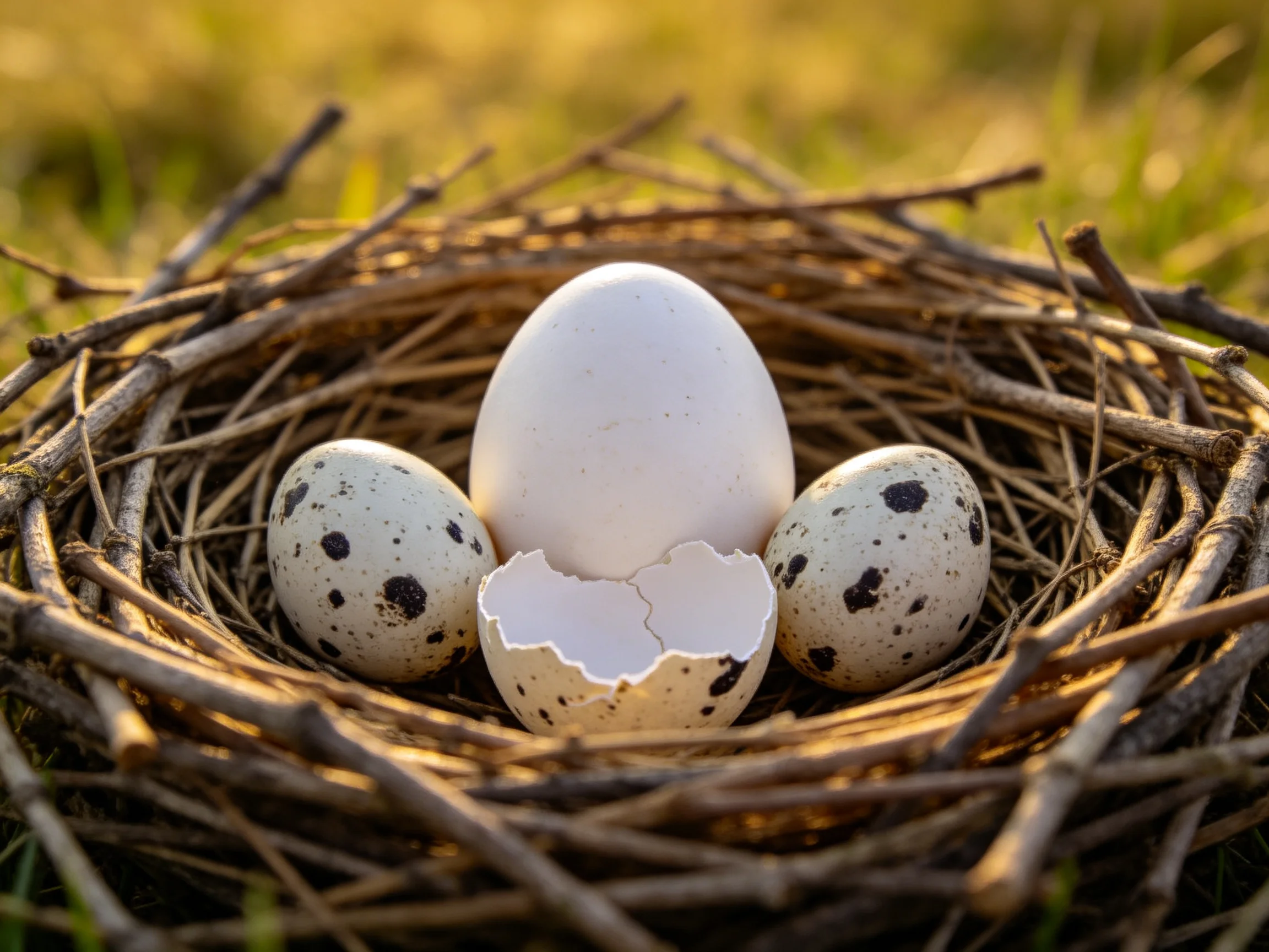 A nest with four eggs: one plain white, two spotted, one cracked
