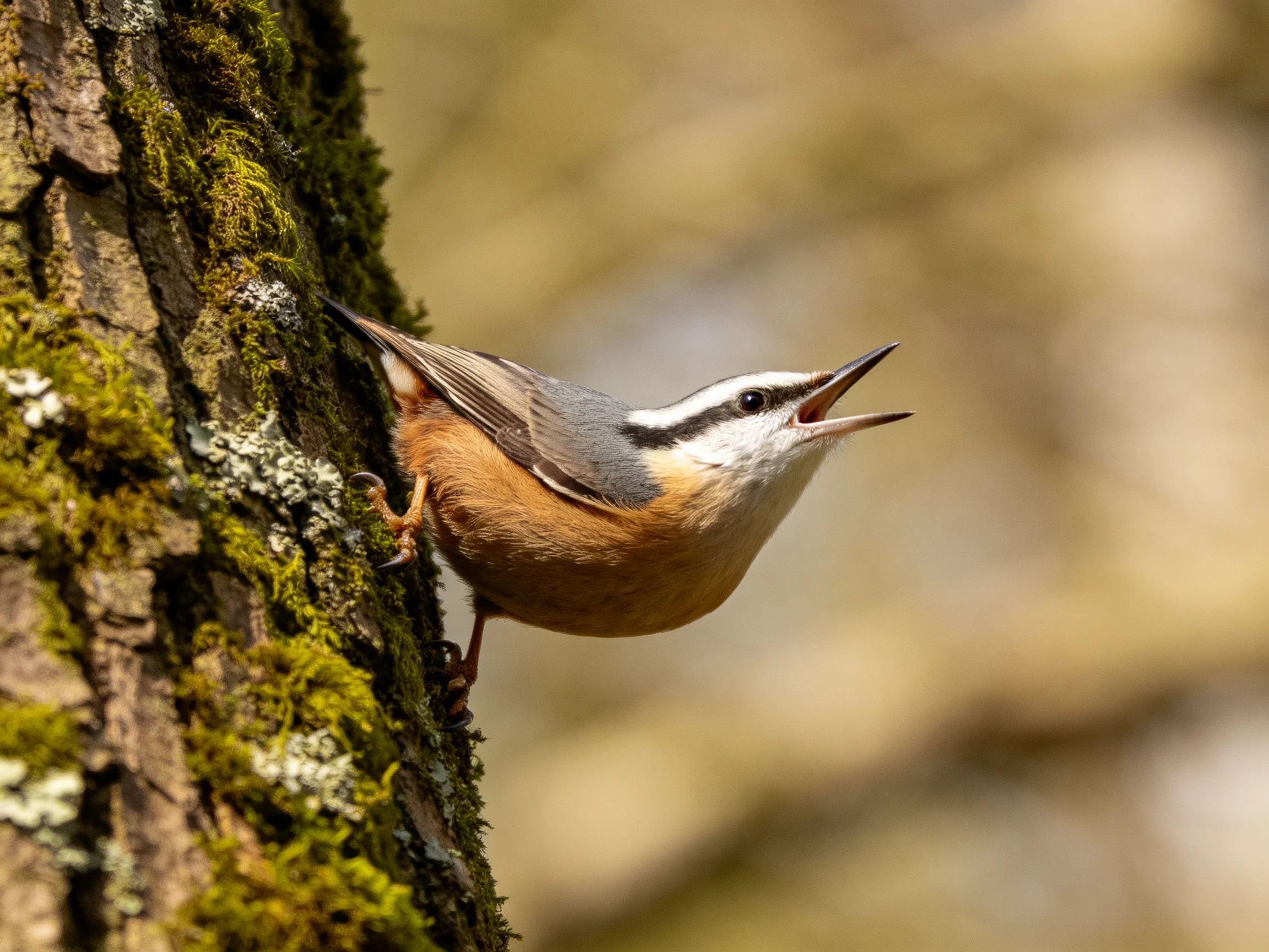 A nuthatch clings to a moss-covered tree trunk with open beak