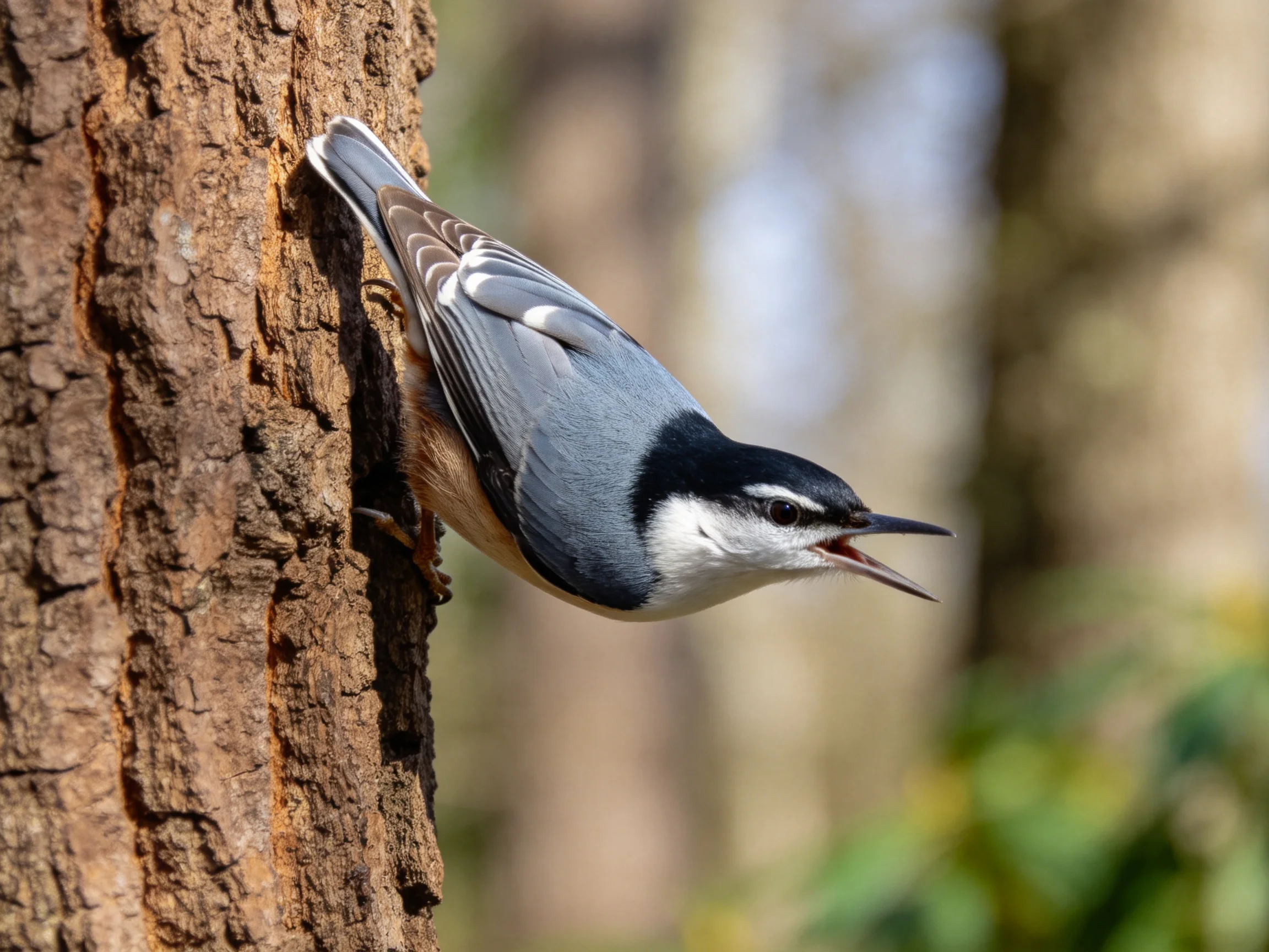 A nuthatch clings to a rough brown tree trunk