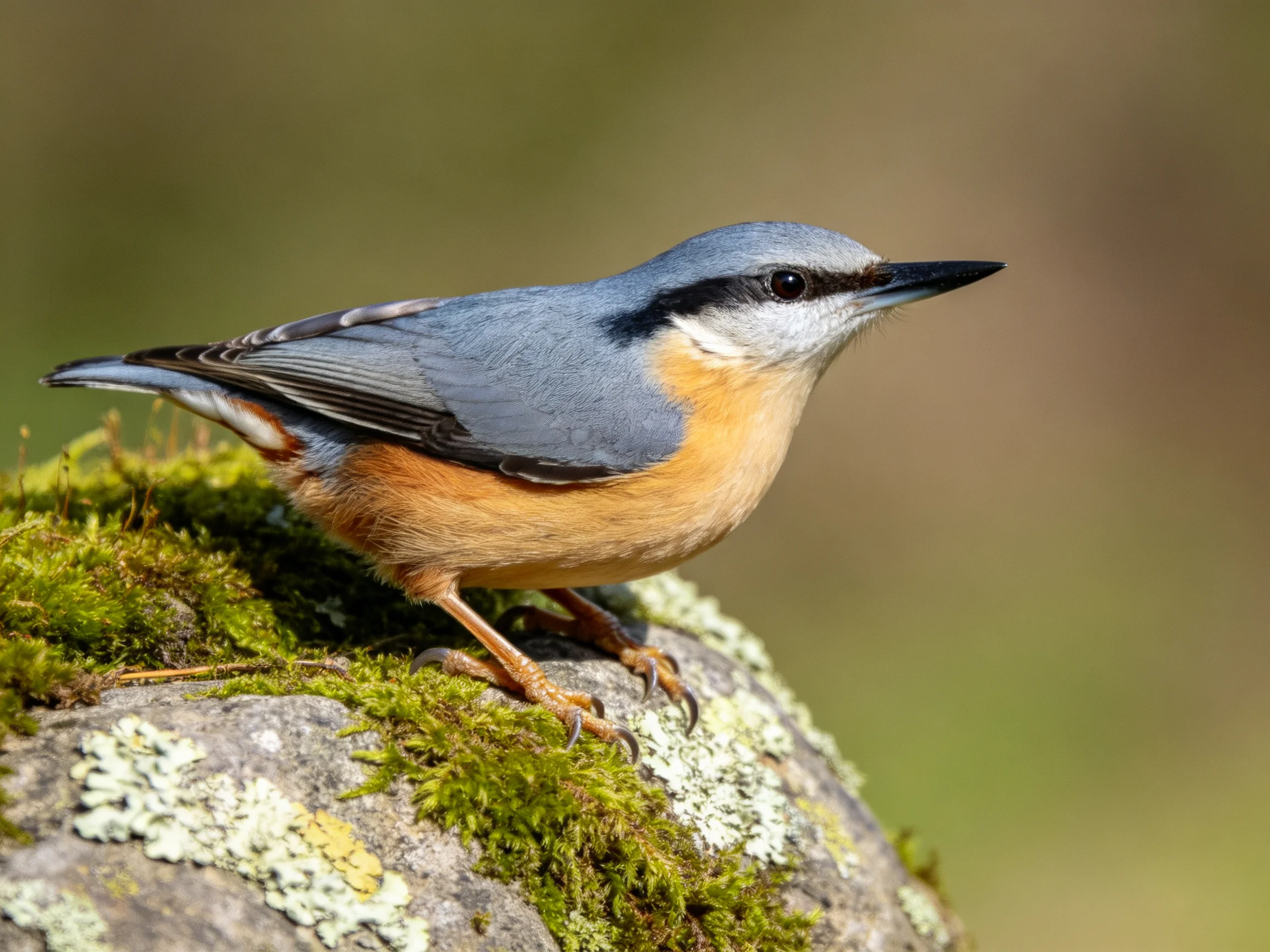 A nuthatch with blue-gray wings perches on a mossy lichen-covered rock